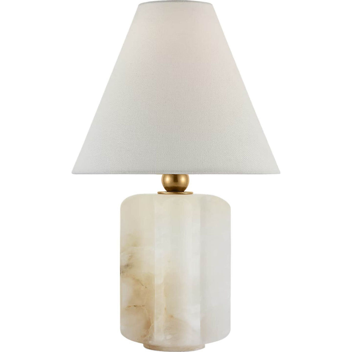 Thomas O'Brien Iota Small Table Lamp in Alabaster and Hand-Rubbed Antique Brass with Linen Shade W9" x H15.5"