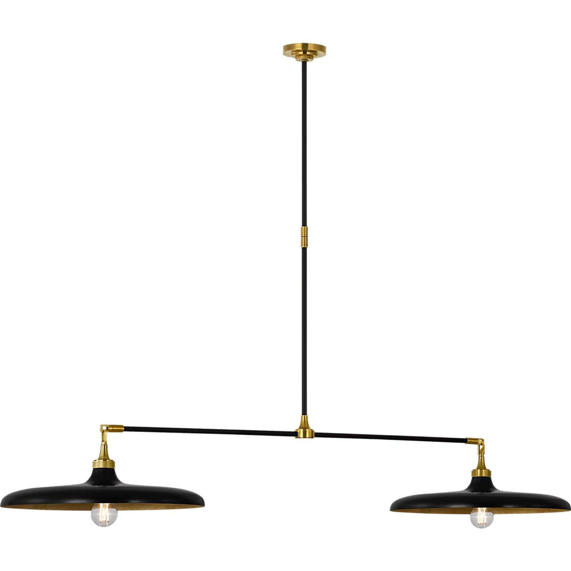 Thomas O'Brien Piatto 63" Linear Pendant in Hand-Rubbed Antique Brass and Aged Iron with Aged Iron Shade W18" x 63.25"
