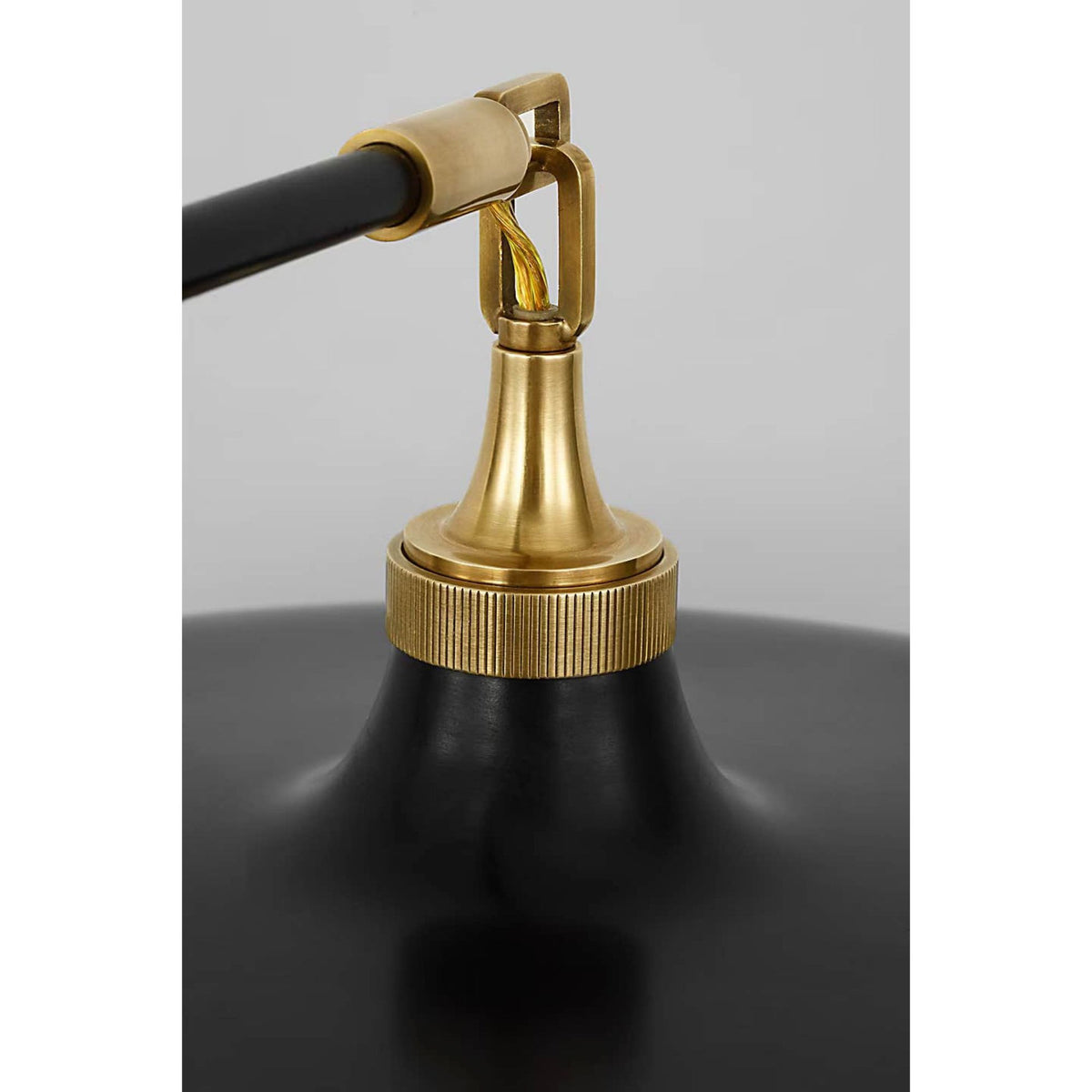Thomas O'Brien Piatto 63" Linear Pendant in Hand-Rubbed Antique Brass and Aged Iron with Aged Iron Shade W18" x 63.25"