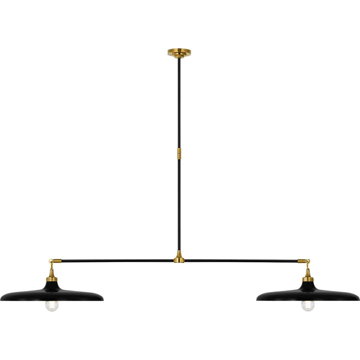 Thomas O'Brien Piatto 63" Linear Pendant in Hand-Rubbed Antique Brass and Aged Iron with Aged Iron Shade W18" x 63.25"