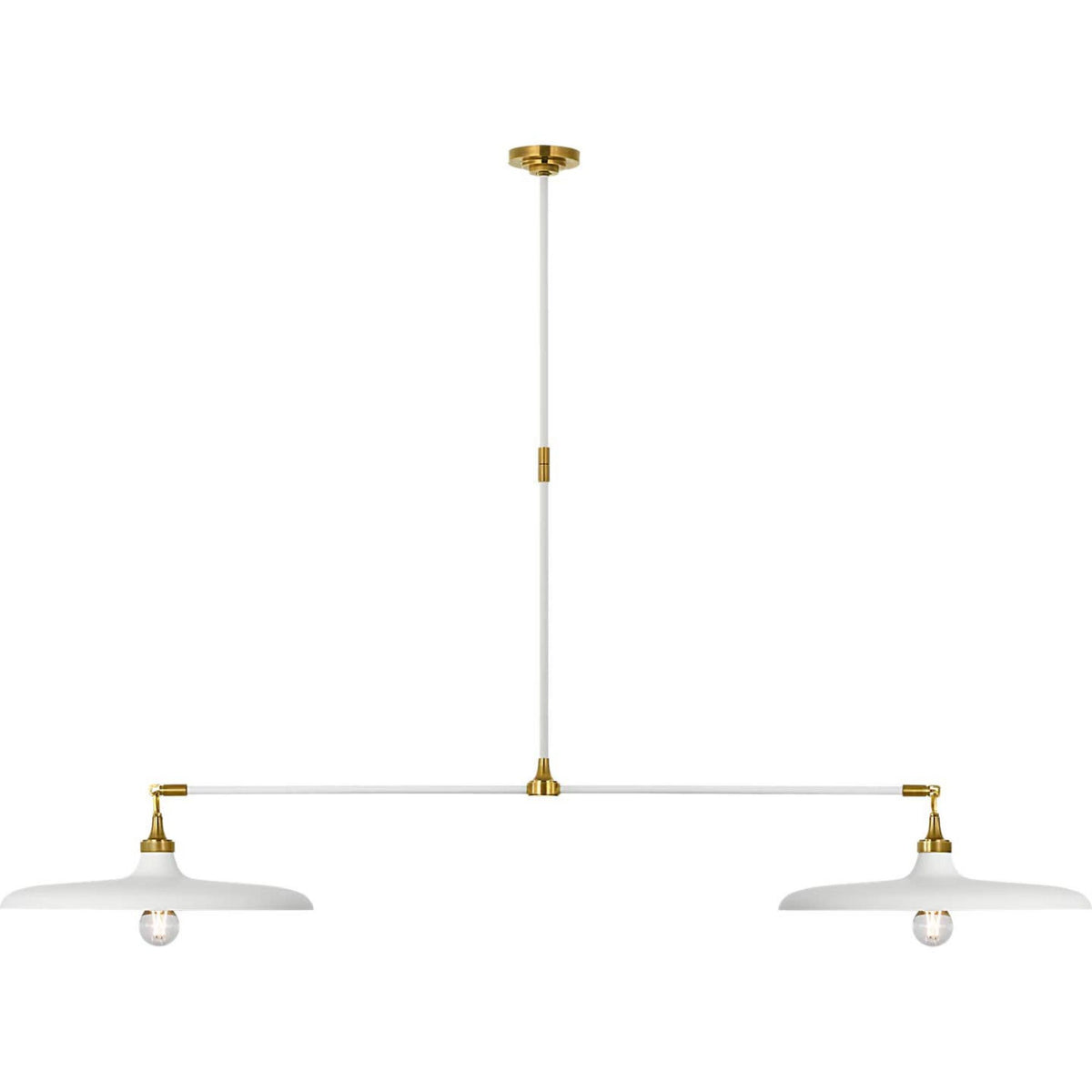 Thomas O'Brien Piatto 63" Linear Pendant in Hand-Rubbed Antique Brass and Plaster White with Plaster White Shade W18" x 63.25"