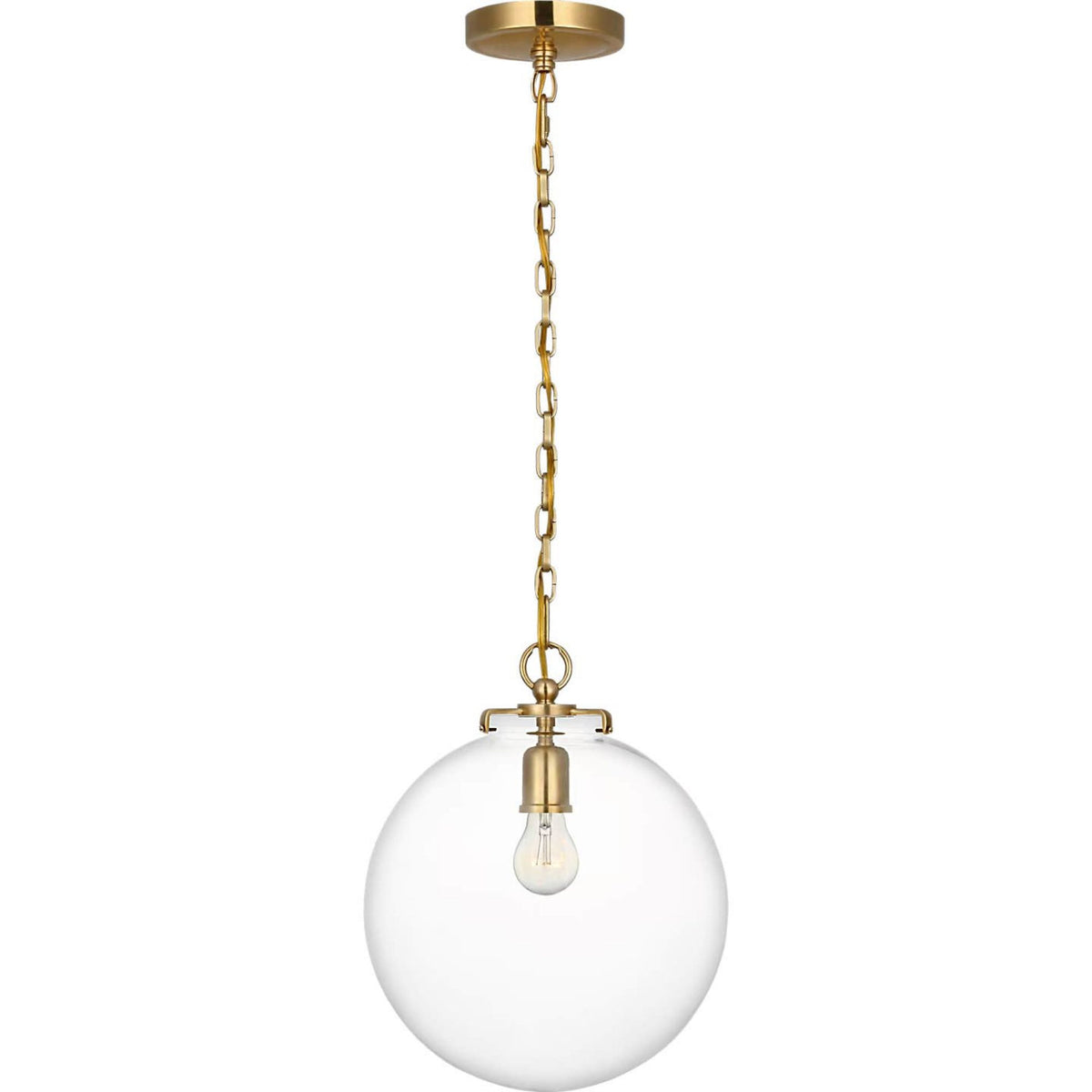 Thomas O'Brien Katie Globe Pendant in Hand-Rubbed Antique Brass with Clear Glass W12" x H14.75"