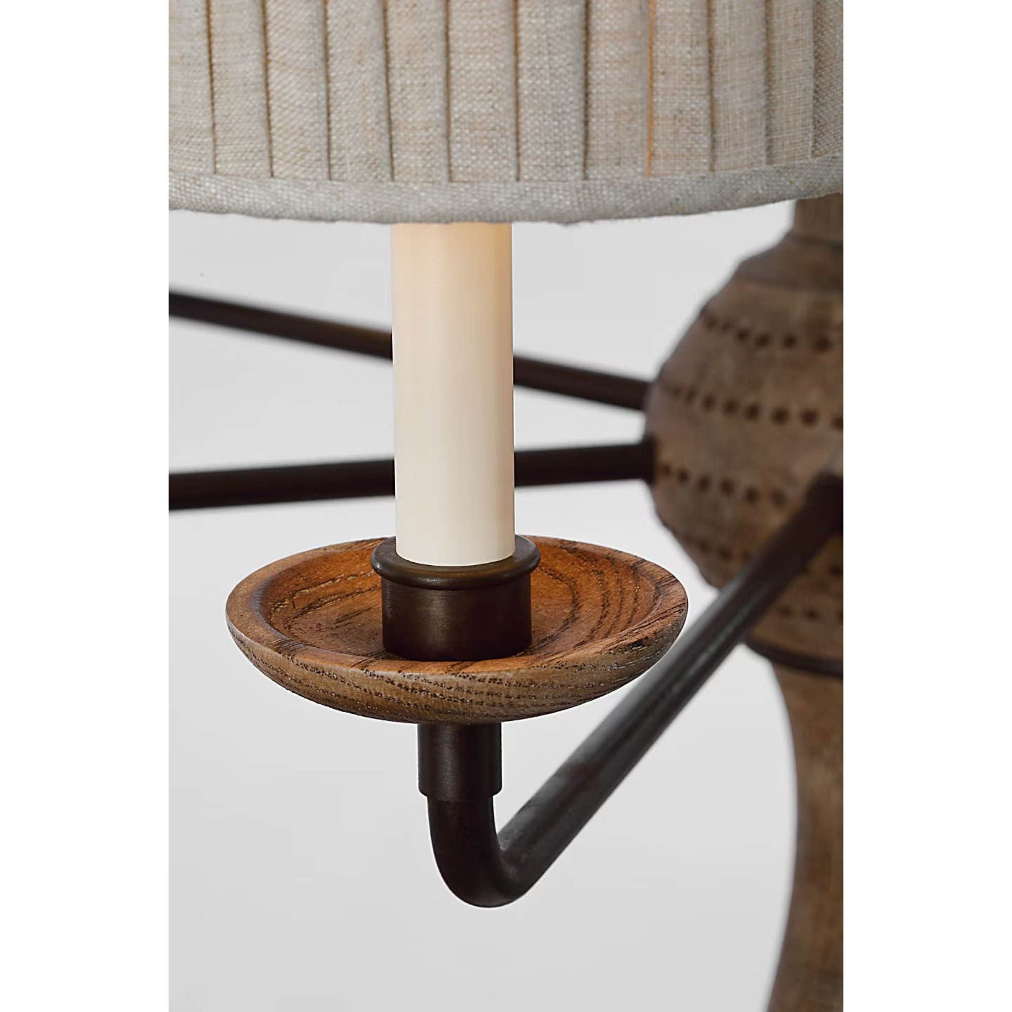 Thomas O'Brien Suzanna 38" Chandelier in Vintage Oak and Aged Iron with Natural Linen Flat Pleated Shades W38" x H34.25"