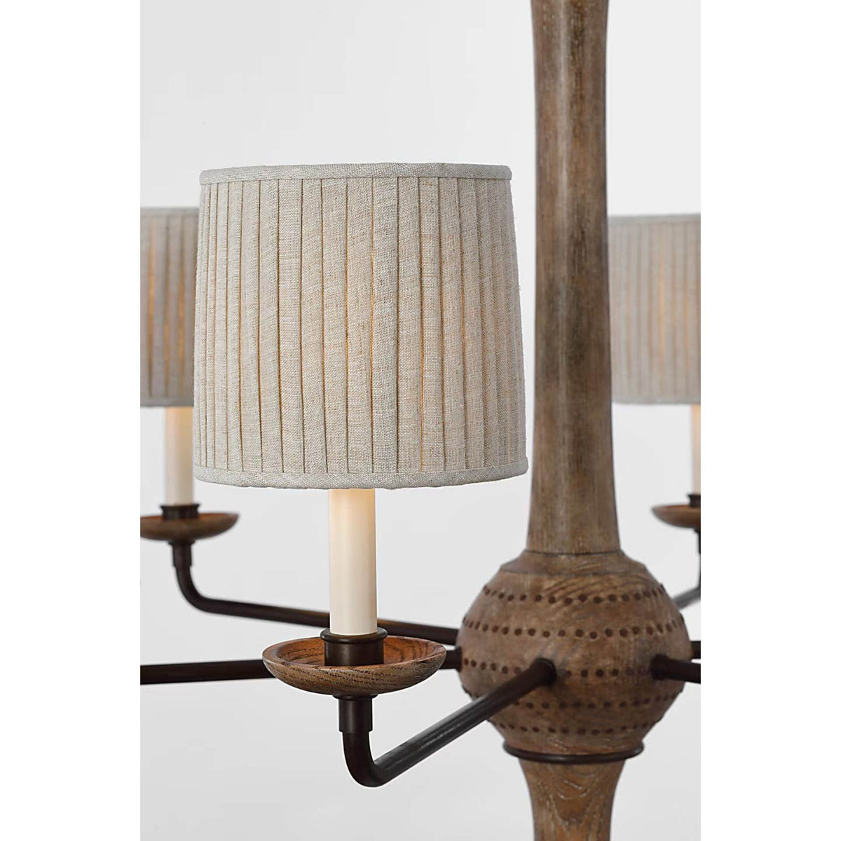 Thomas O'Brien Suzanna 38" Chandelier in Vintage Oak and Aged Iron with Natural Linen Flat Pleated Shades W38" x H34.25"