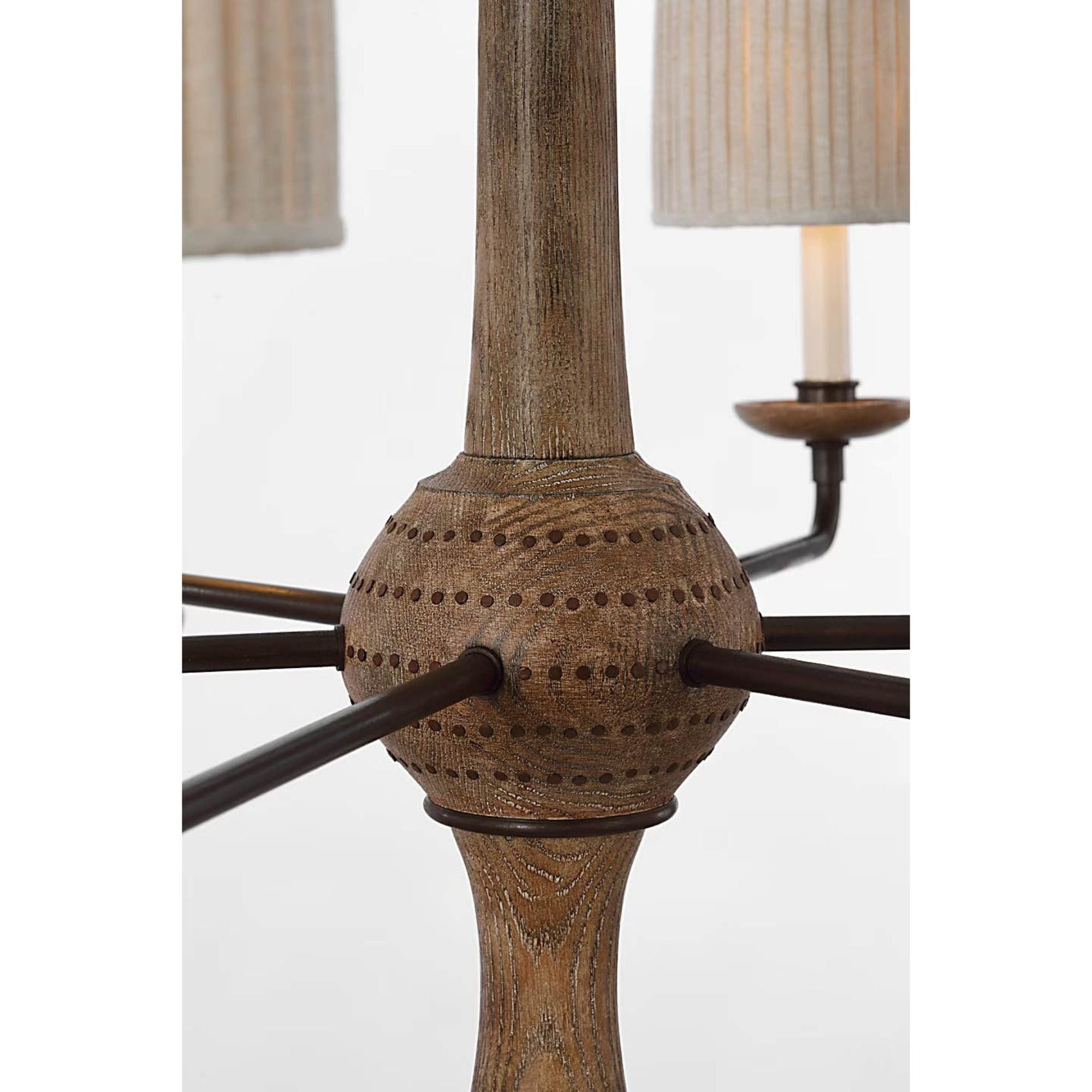 Thomas O'Brien Suzanna 38" Chandelier in Vintage Oak and Aged Iron with Natural Linen Flat Pleated Shades W38" x H34.25"