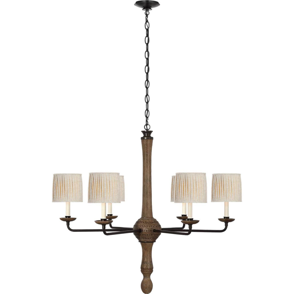 Thomas O'Brien Suzanna 38" Chandelier in Vintage Oak and Aged Iron with Natural Linen Flat Pleated Shades W38" x H34.25"