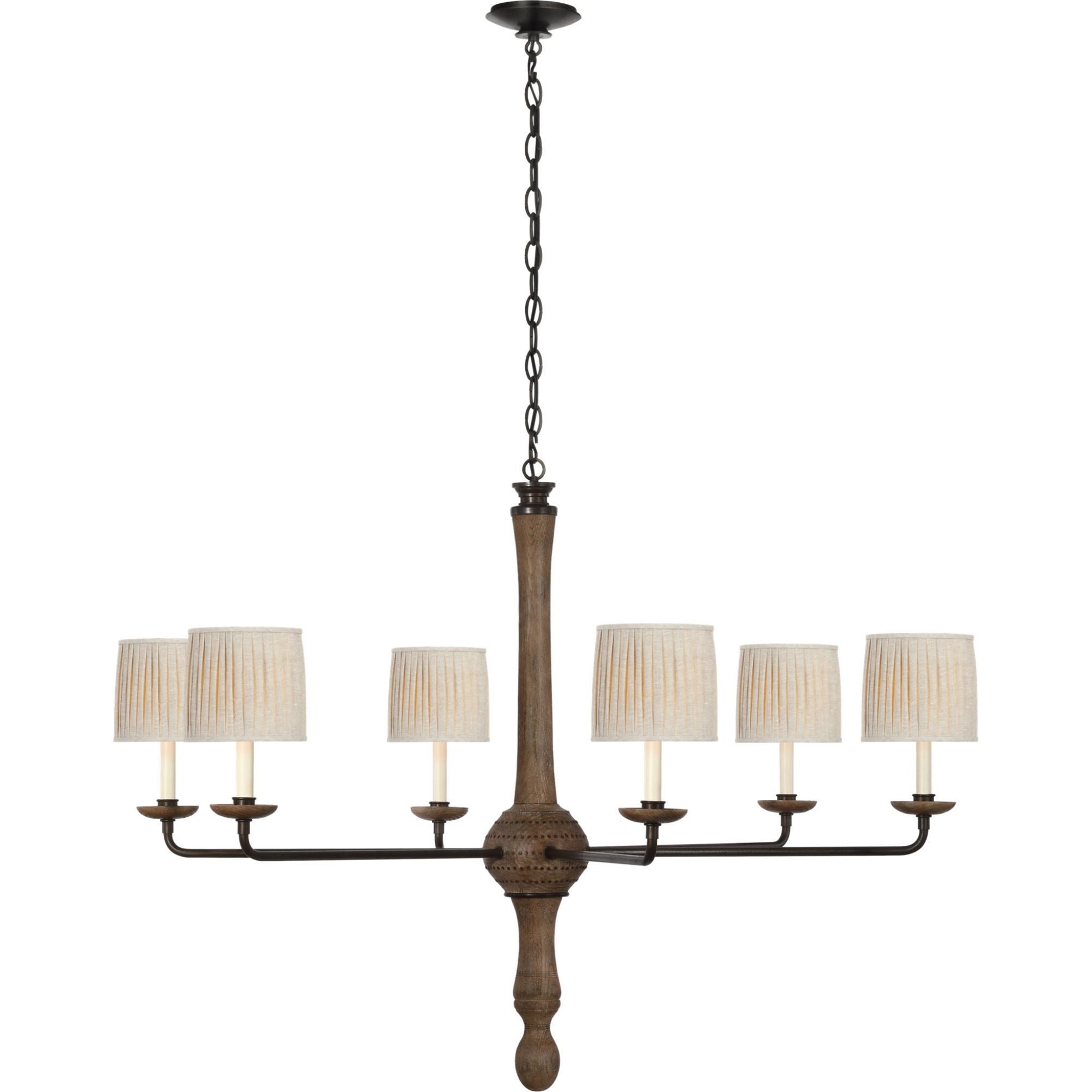 Thomas O'Brien Suzanna 48" Chandelier in Vintage Oak and Aged Iron with Natural Linen Flat Pleated Shades W48" x H34.25"