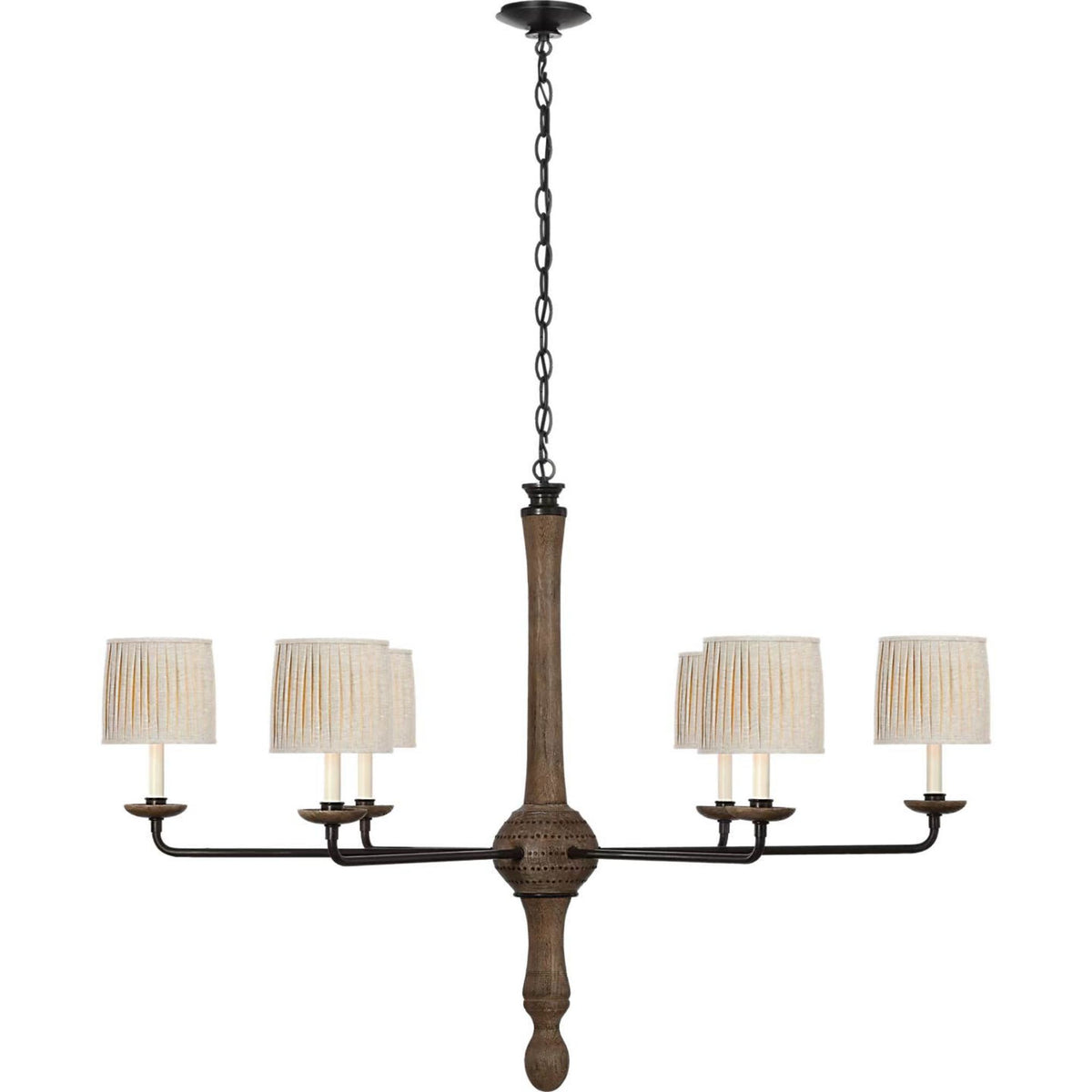 Thomas O'Brien Suzanna 48" Chandelier in Vintage Oak and Aged Iron with Natural Linen Flat Pleated Shades W48" x H34.25"