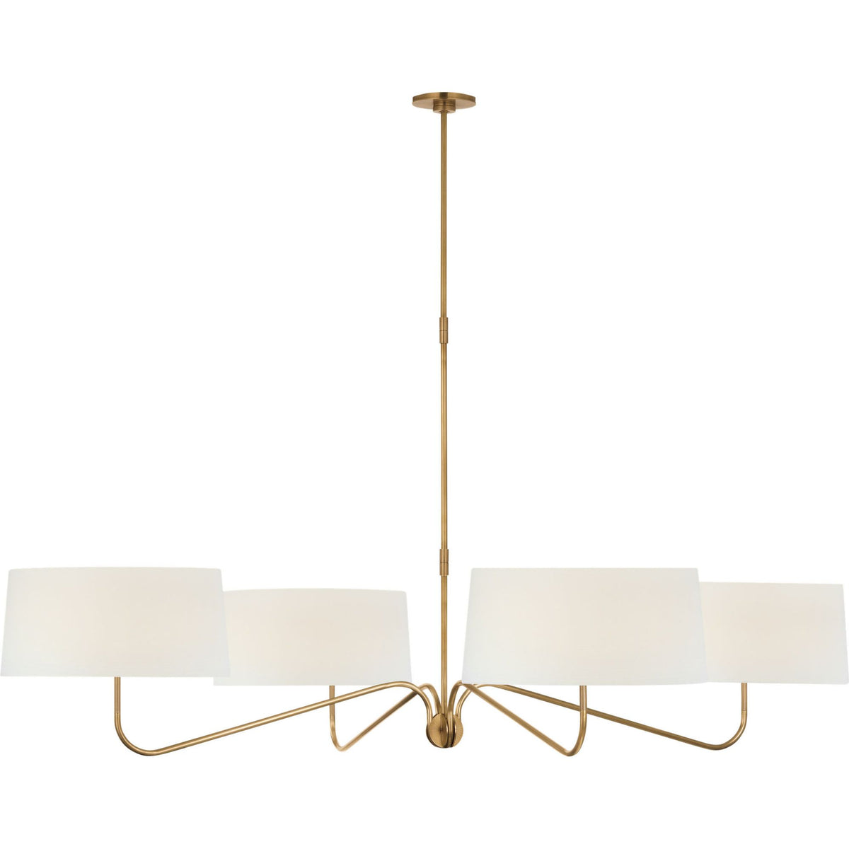 Thomas O'Brien Canto Grande Four Arm Chandelier in Hand-Rubbed Antique Brass with Linen Shades W68"