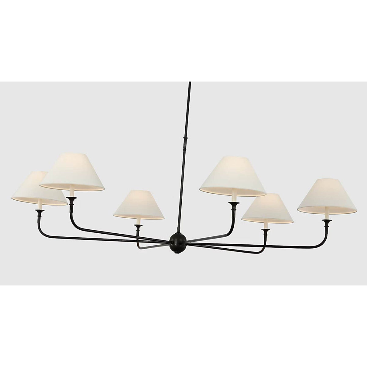 Thomas O'Brien Piaf Oversized Chandelier in Aged Iron and Ebonized Oak with Linen Shades W72"