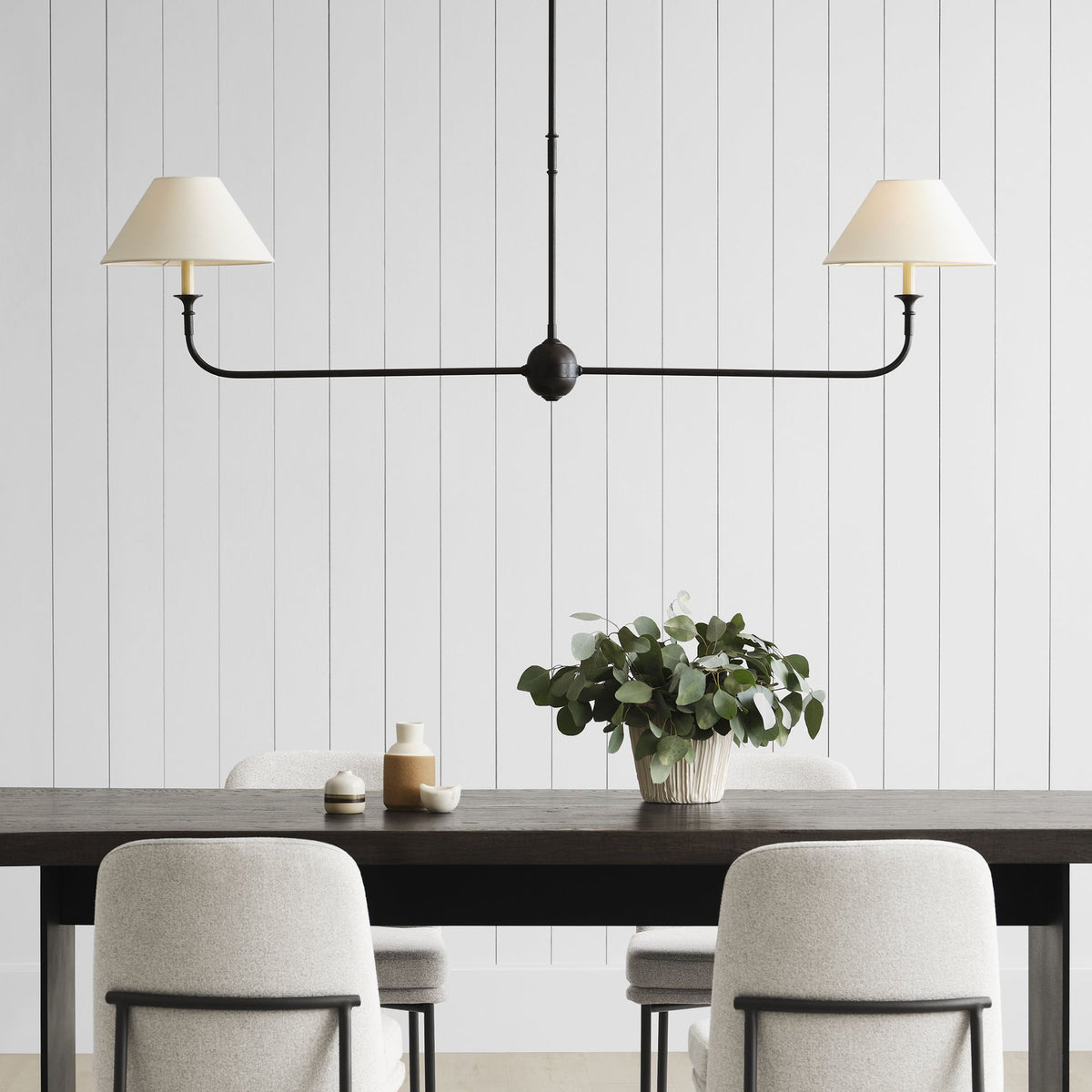 Thomas O'Brien Piaf Large Two Light Linear Pendant in Aged Iron and Ebonized Oak with Linen Shades W12" x 62"