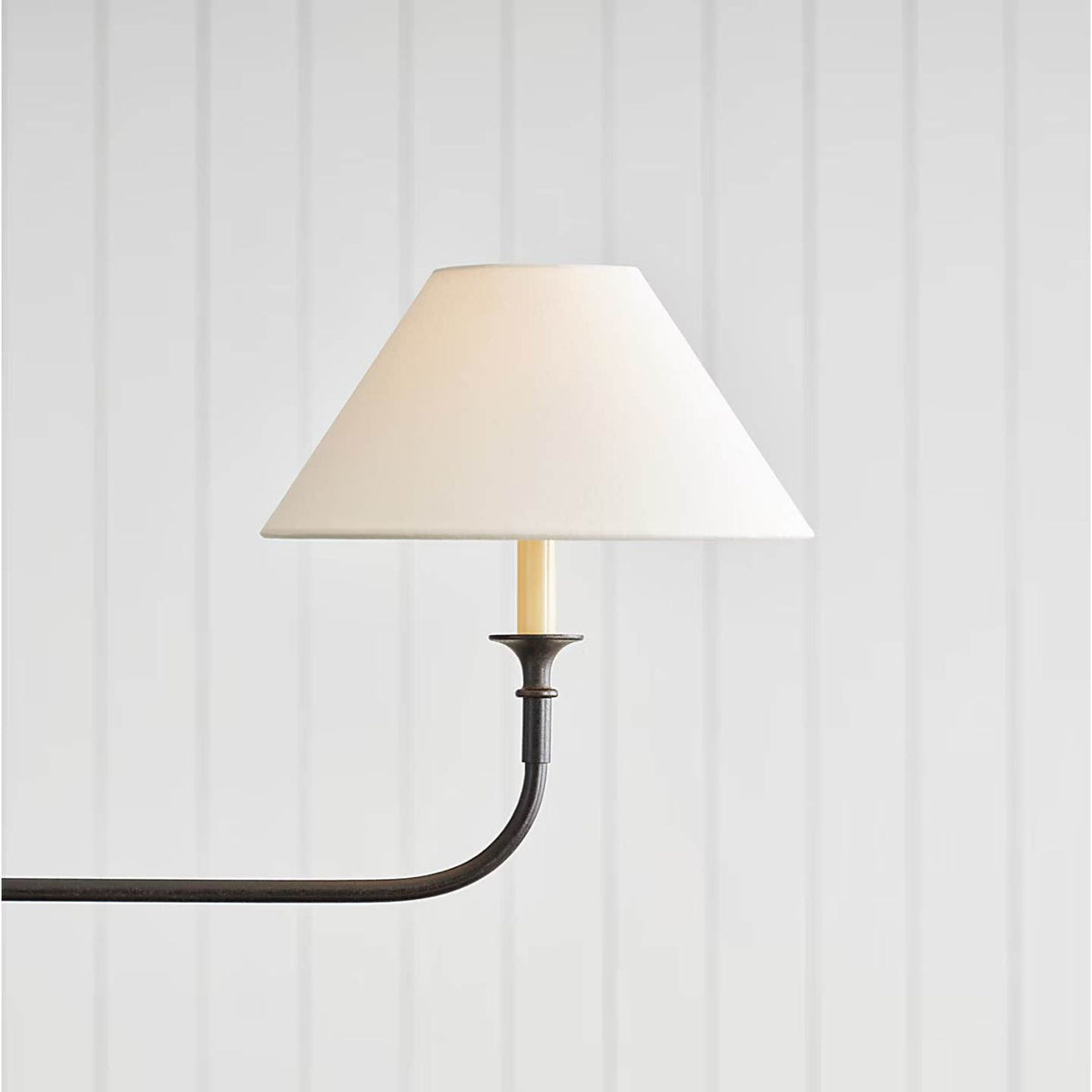 Thomas O'Brien Piaf Large Two Light Linear Pendant in Aged Iron and Ebonized Oak with Linen Shades W12" x 62"