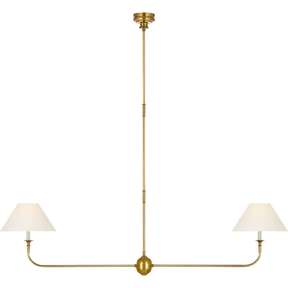 Thomas O'Brien Piaf Large Two Light Linear Pendant in Hand-Rubbed Antique Brass with Linen Shades W12" x 62"