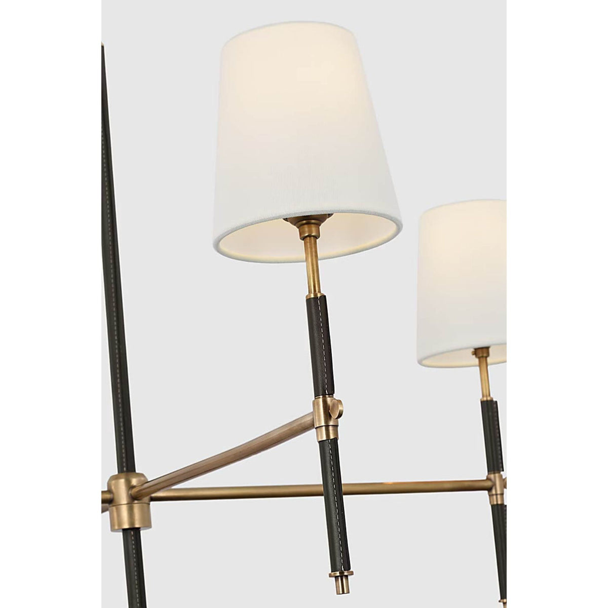 Thomas O'Brien Bryant Large Wrapped Chandelier in Hand-Rubbed Antique Brass and Chocolate Leather with Linen Shades W36"