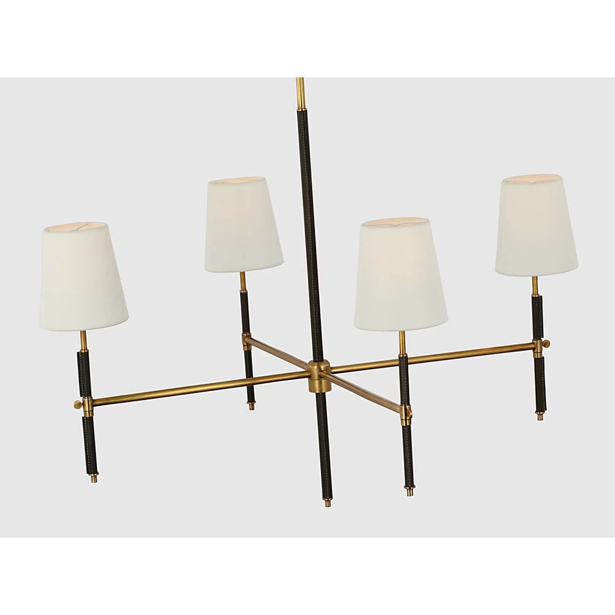 Thomas O'Brien Bryant Large Wrapped Chandelier in Hand-Rubbed Antique Brass and Chocolate Leather with Linen Shades W36"