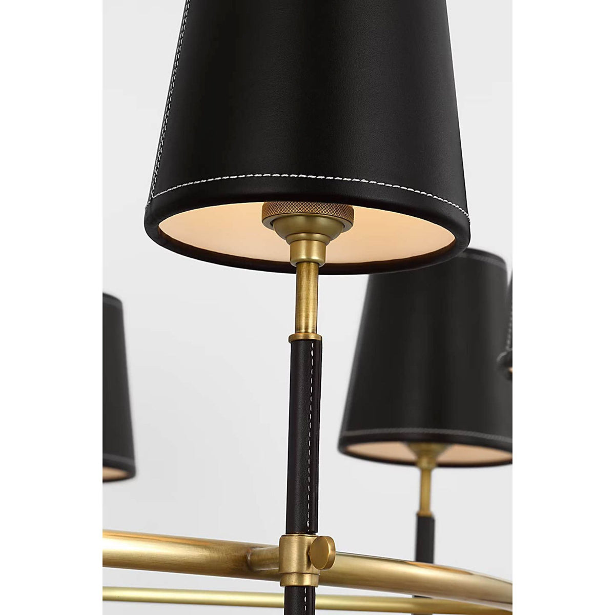 Thomas O'Brien Bryant Wrapped Ring Chandelier in Hand-Rubbed Antique Brass and Chocolate Leather with Chocolate Leather Shade W41"