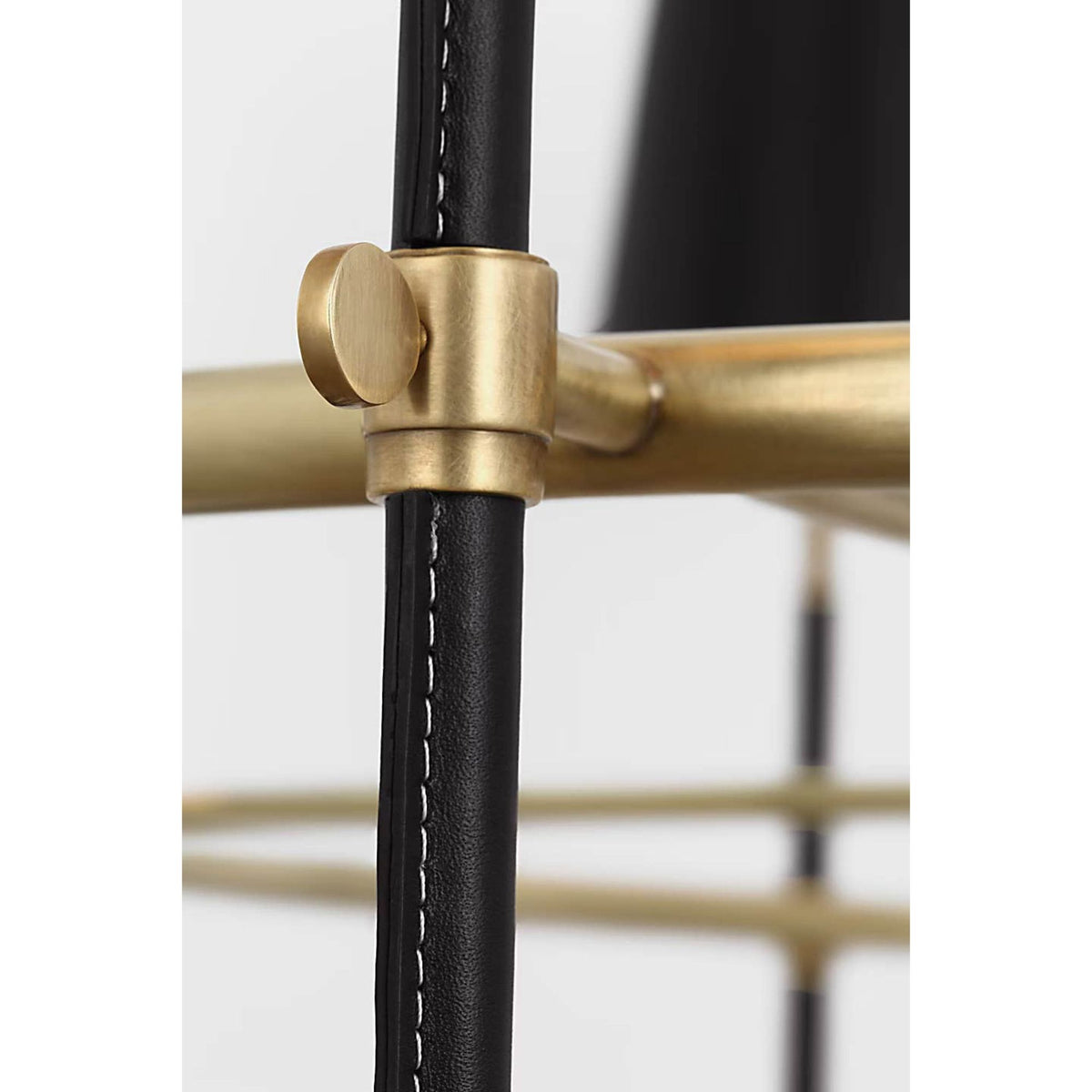 Thomas O'Brien Bryant Wrapped Ring Chandelier in Hand-Rubbed Antique Brass and Chocolate Leather with Chocolate Leather Shade W41"