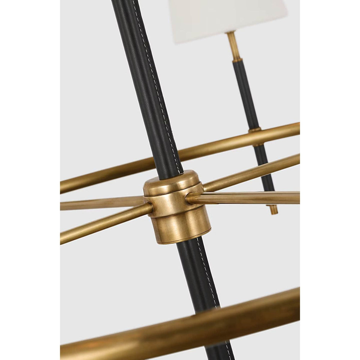 Thomas O'Brien Bryant Wrapped Ring Chandelier in Hand-Rubbed Antique Brass and Chocolate Leather with Linen Shades W41"
