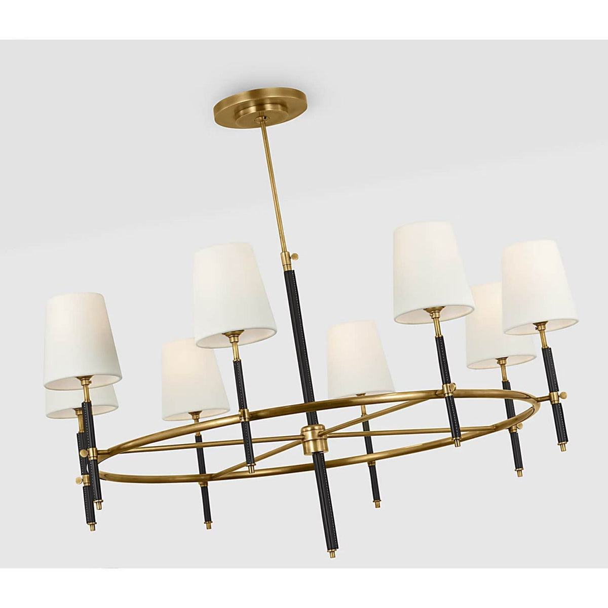 Thomas O'Brien Bryant Wrapped Ring Chandelier in Hand-Rubbed Antique Brass and Chocolate Leather with Linen Shades W41"