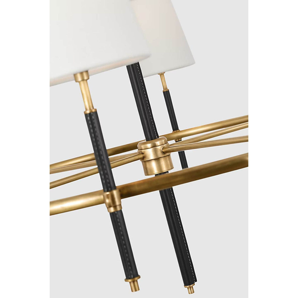 Thomas O'Brien Bryant Wrapped Ring Chandelier in Hand-Rubbed Antique Brass and Chocolate Leather with Linen Shades W41"