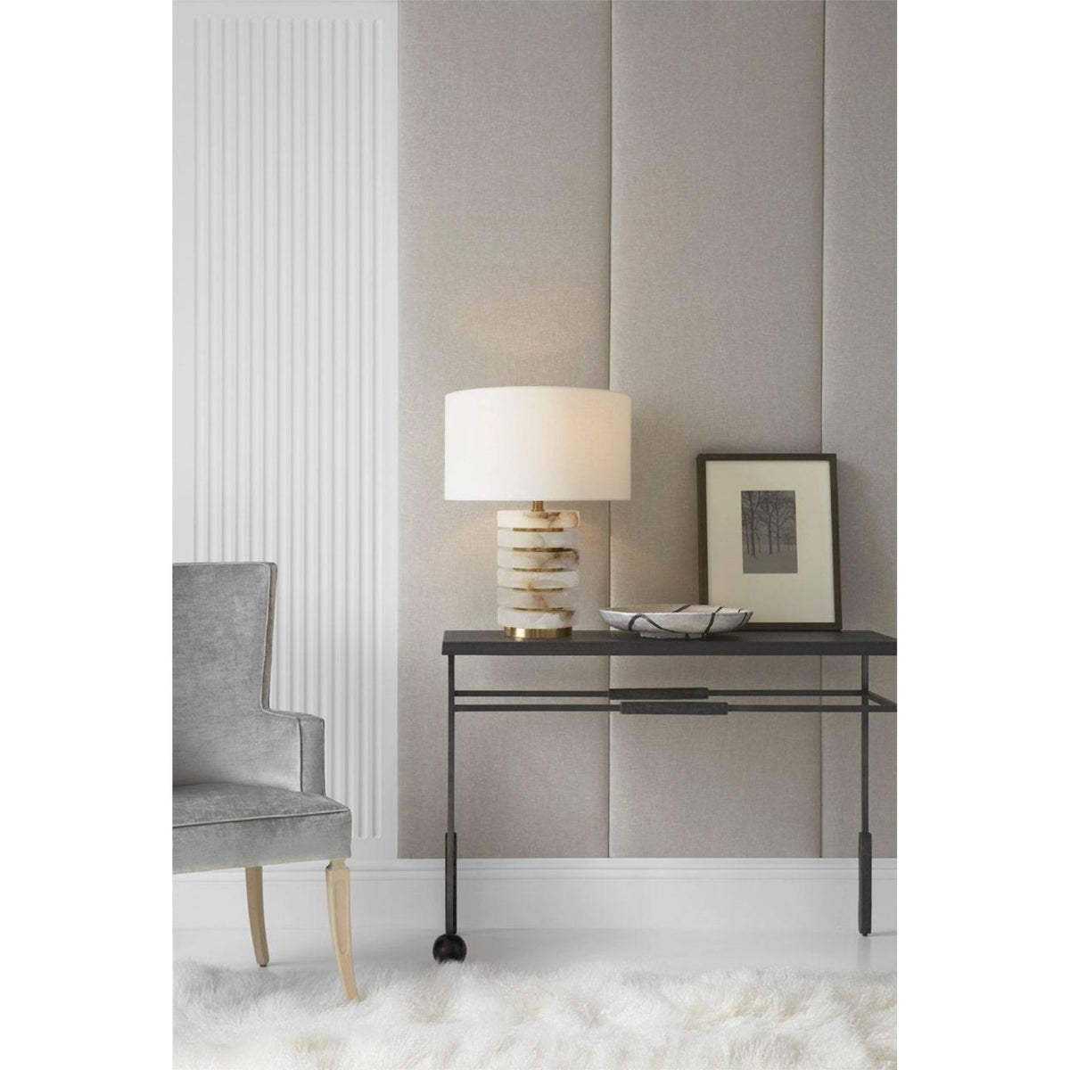Windsor Smith Diski Medium Table Lamp in Alabaster and Hand-Rubbed Antique Brass with Linen Shade W18" x H23.5"