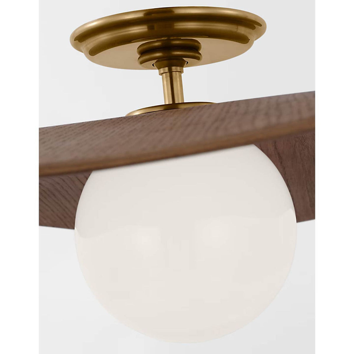Windsor Smith Mahalo 22" Semi-Flush Mount in Hand-Rubbed Antique Brass and White Glass with Natural Oak Shade W22" x H8"