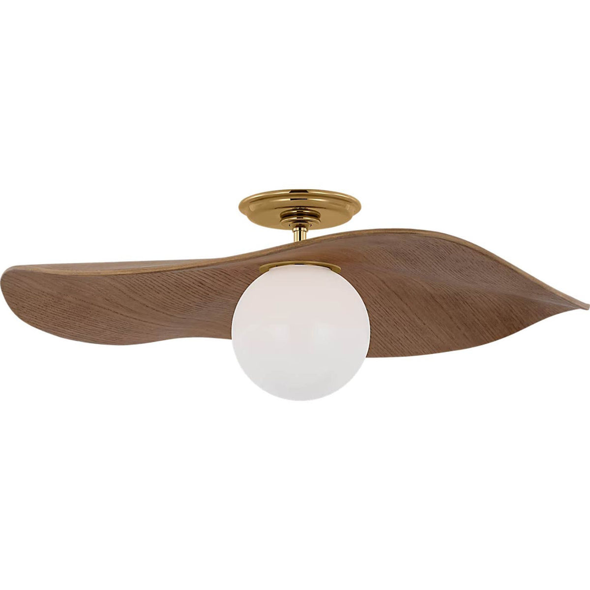 Windsor Smith Mahalo 22" Semi-Flush Mount in Hand-Rubbed Antique Brass and White Glass with Natural Oak Shade W22" x H8"