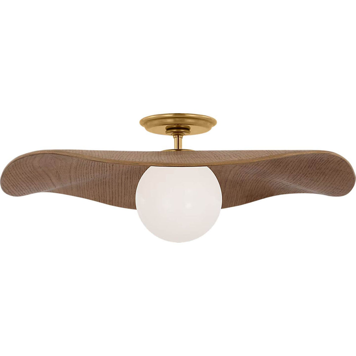 Windsor Smith Mahalo 22" Semi-Flush Mount in Hand-Rubbed Antique Brass and White Glass with Natural Oak Shade W22" x H8"