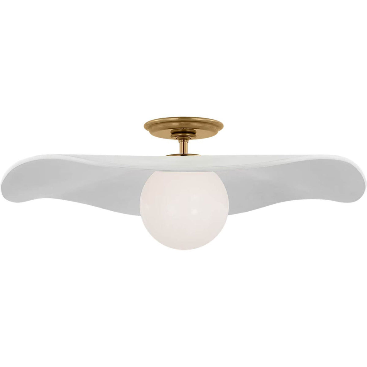 Windsor Smith Mahalo 22" Semi-Flush Mount in Hand-Rubbed Antique Brass and White Glass with Matte White Shade W22" x H8"