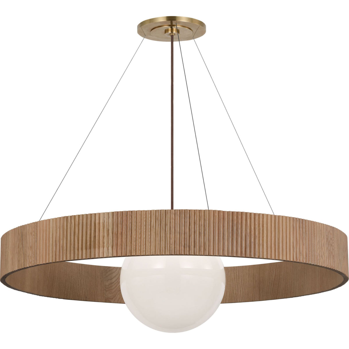 Windsor Smith Arena 42" Ring and Globe Chandelier in Hand-Rubbed Antique Brass and Natural Oak with White Glass W42"