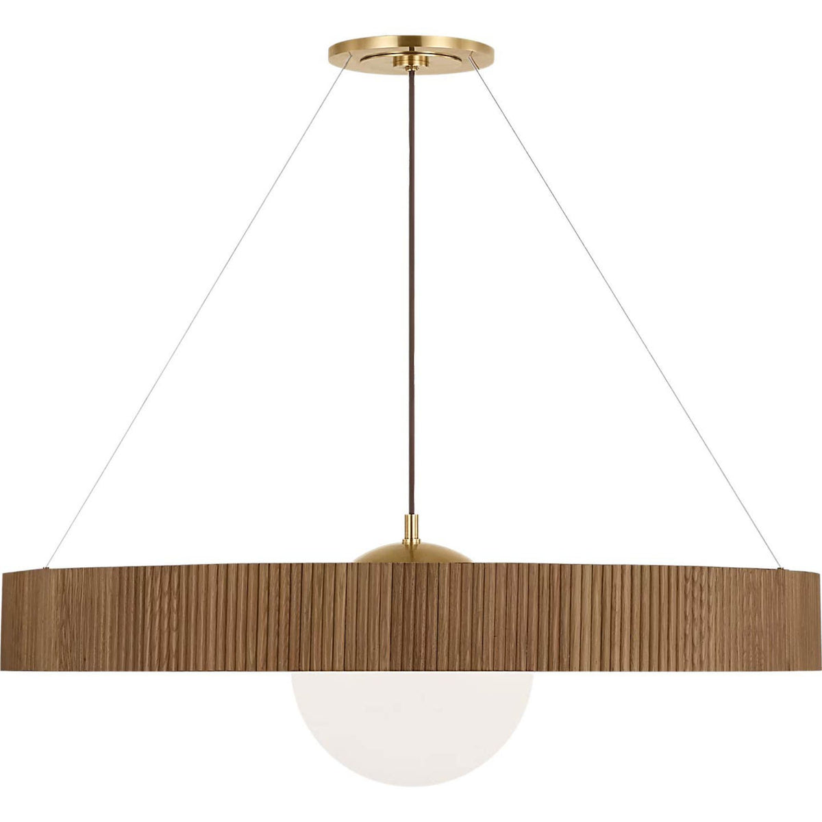 Windsor Smith Arena 42" Ring and Globe Chandelier in Hand-Rubbed Antique Brass and Natural Oak with White Glass W42"