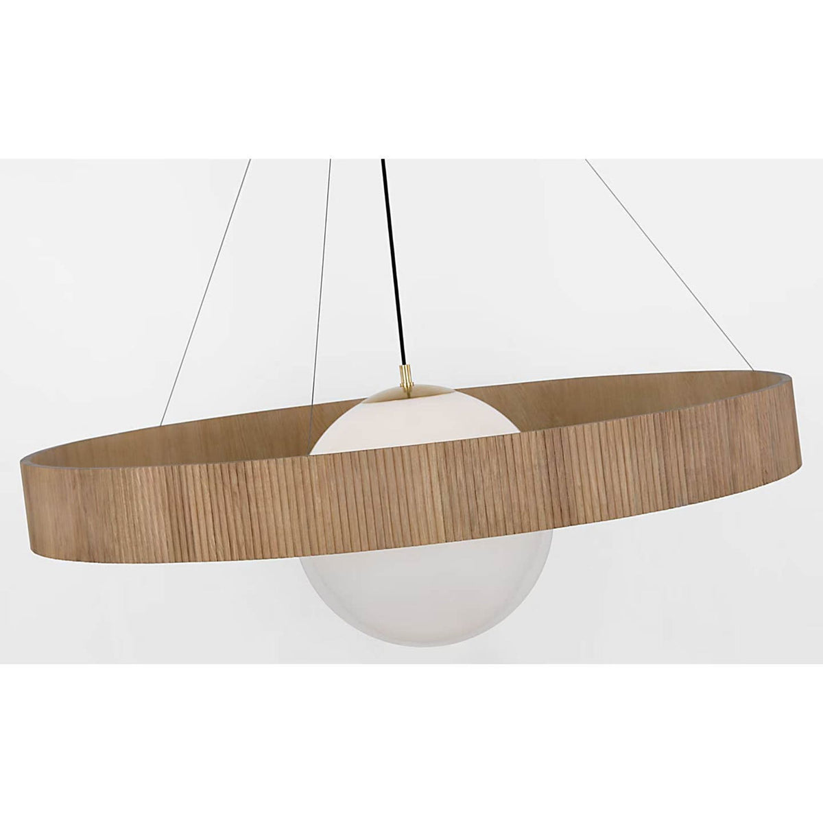 Windsor Smith Arena 53" Ring and Globe Chandelier in Hand-Rubbed Antique Brass and Natural Oak with White Glass W53"