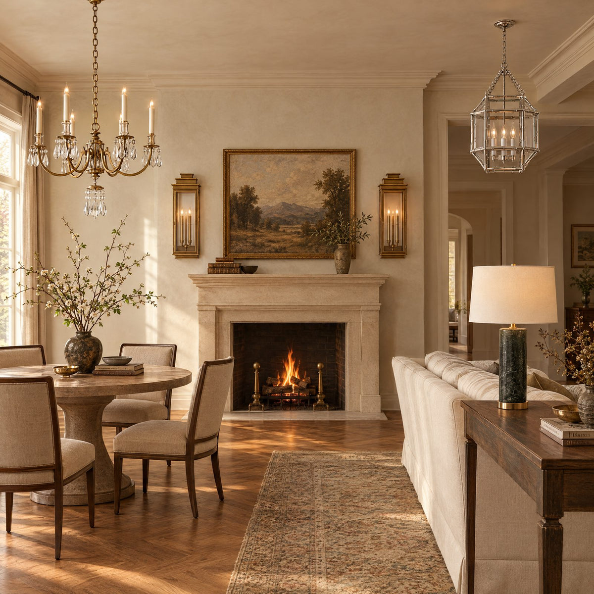 Shop the look: Living and dining space with a Thomas O'Brien Elizabeth gilded iron and quartz chandelier, a Suzanne Kasler Morris lantern, Chapman & Myers Linear Lanterns by the fireplace and an AERIN Cliff green marble lamp