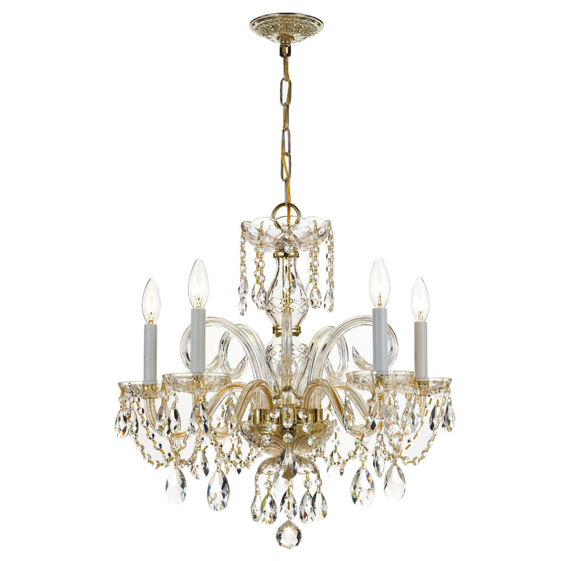 Traditional Crystal 5 Light Hand Cut Crystal Polished Brass Chandelier