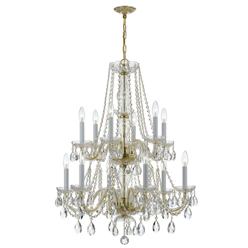 Traditional Crystal 12 Light Hand Cut Crystal Polished Brass Chandelier