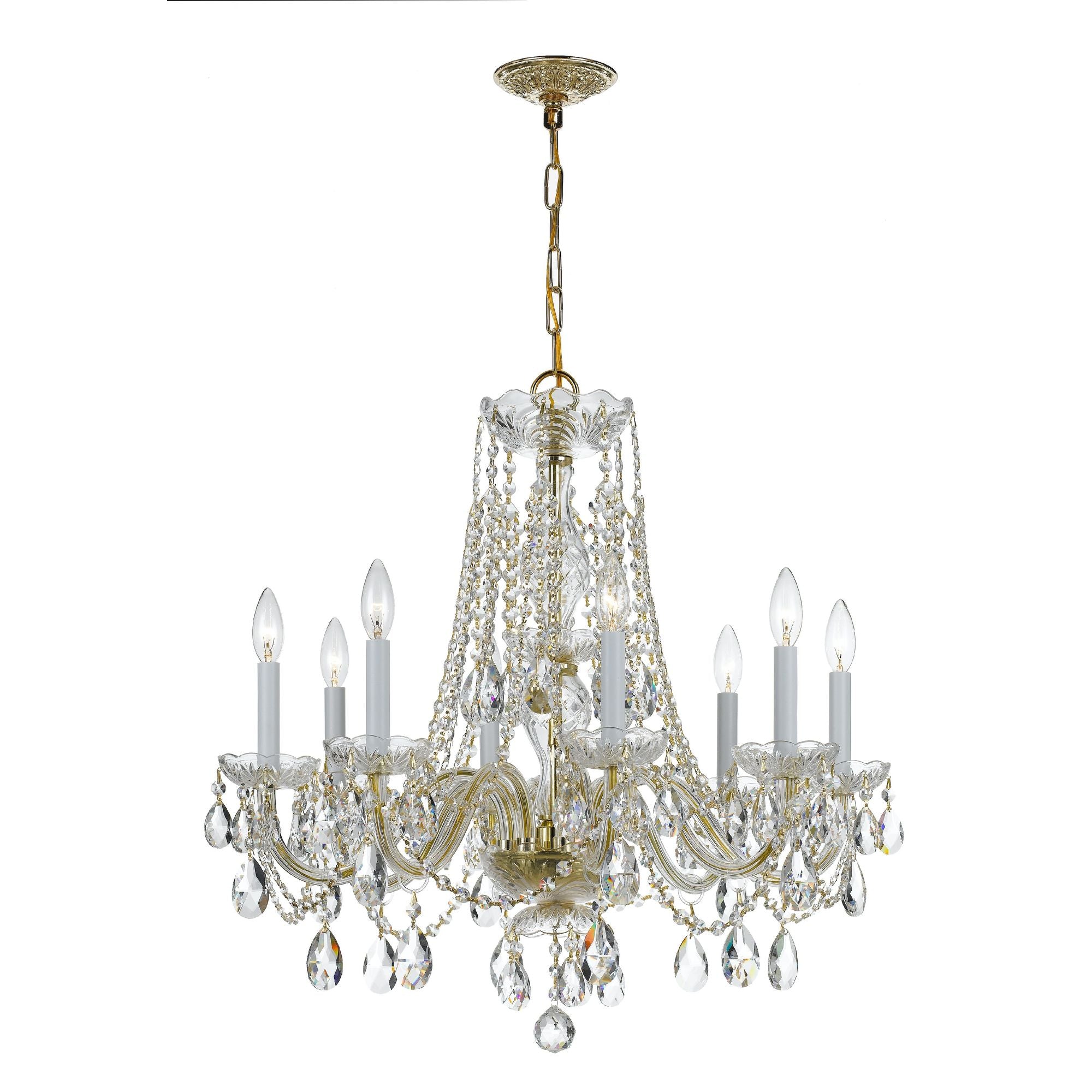 Traditional Crystal 8 Light Hand Cut Crystal Polished Brass Chandelier