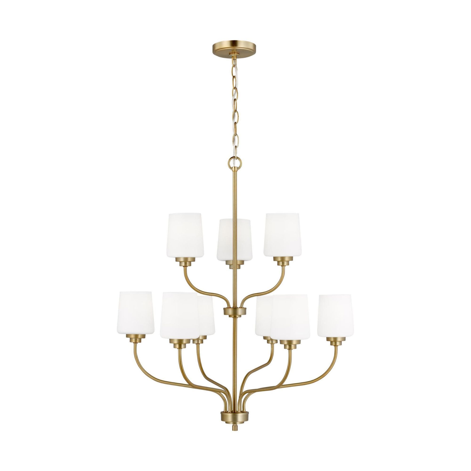 Windom Nine Light Chandelier Traditional 28" Width 30" Height Steel Round Etched / White Inside Shade in Satin Brass