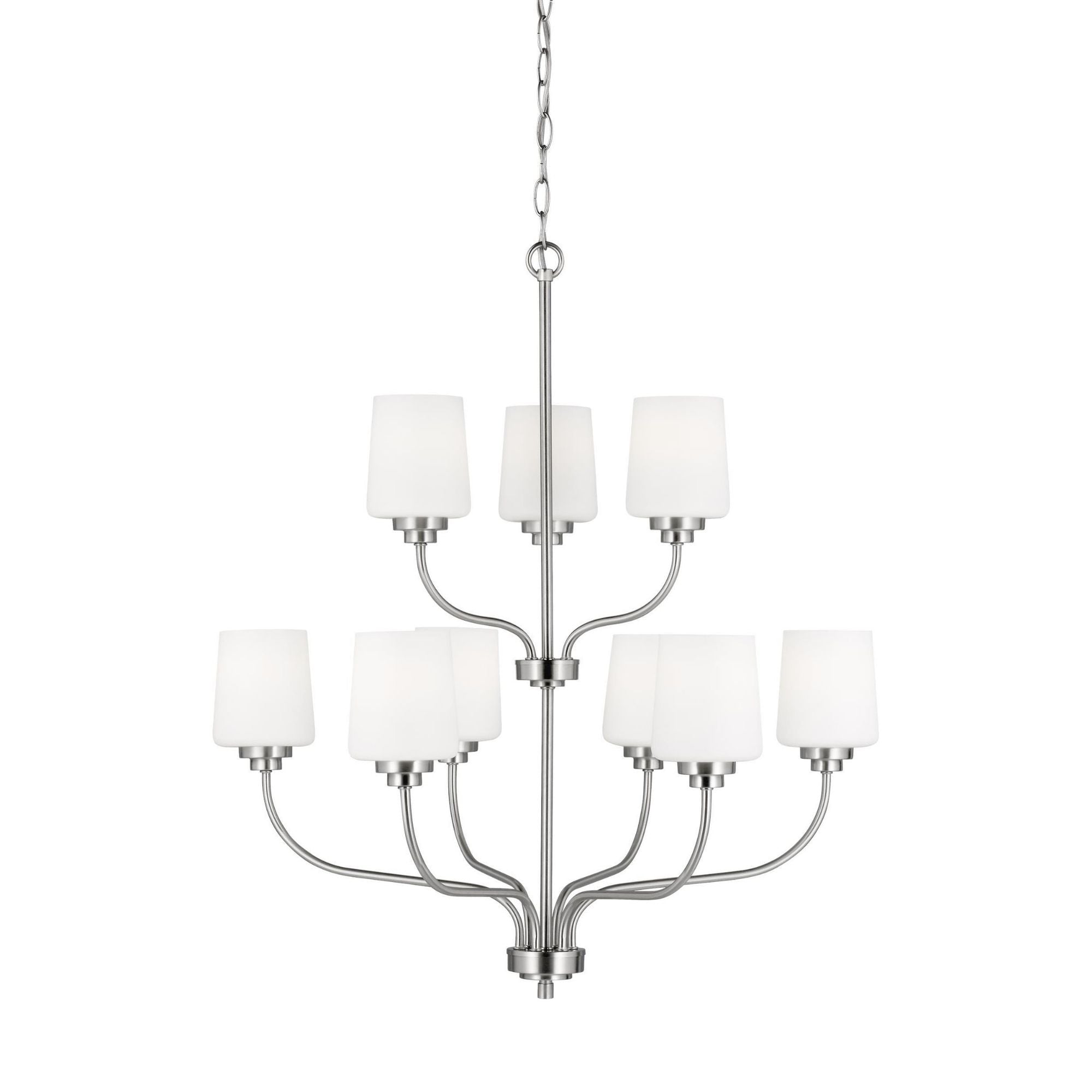 Windom Nine Light Chandelier Traditional 28" Width 30" Height Steel Round Etched / White Inside Shade in Brushed Nickel
