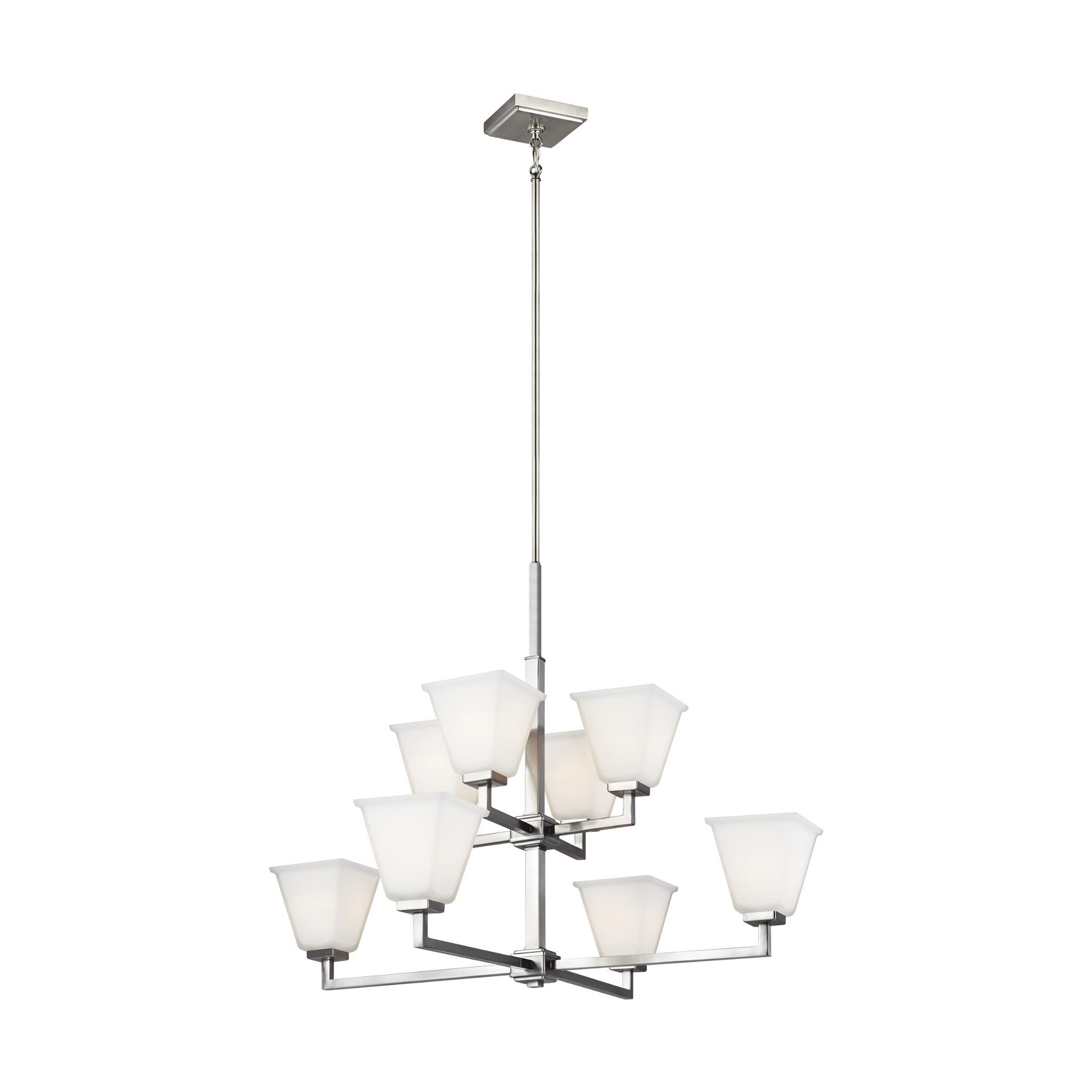 Ellis Harper Eight Light Chandelier Transitional 35.5" Width 27.75" Height Steel Square Etched / White Inside Shade in Brushed Nickel