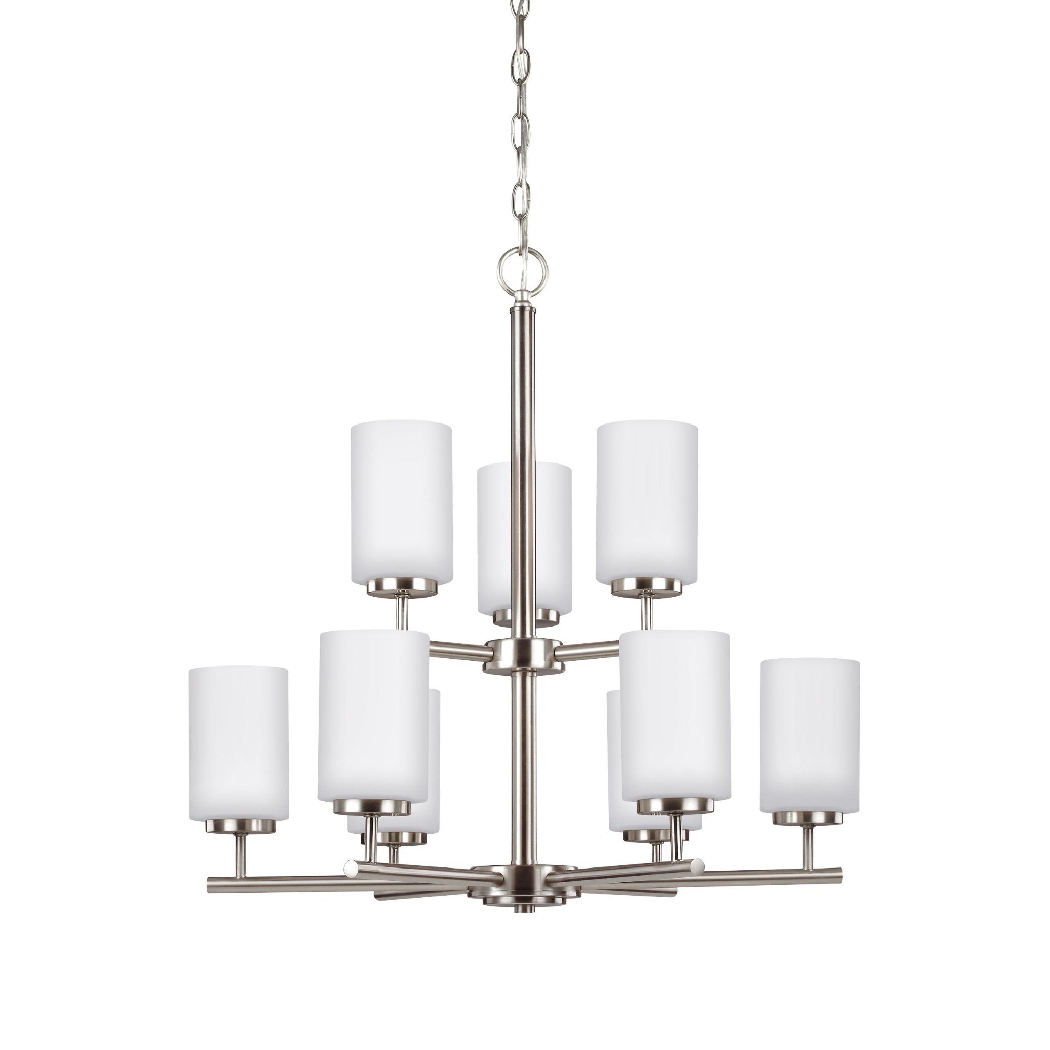 Oslo Nine Light Chandelier Contemporary 26.75" Height Steel Round Cased Opal Etched Shade in Brushed Nickel