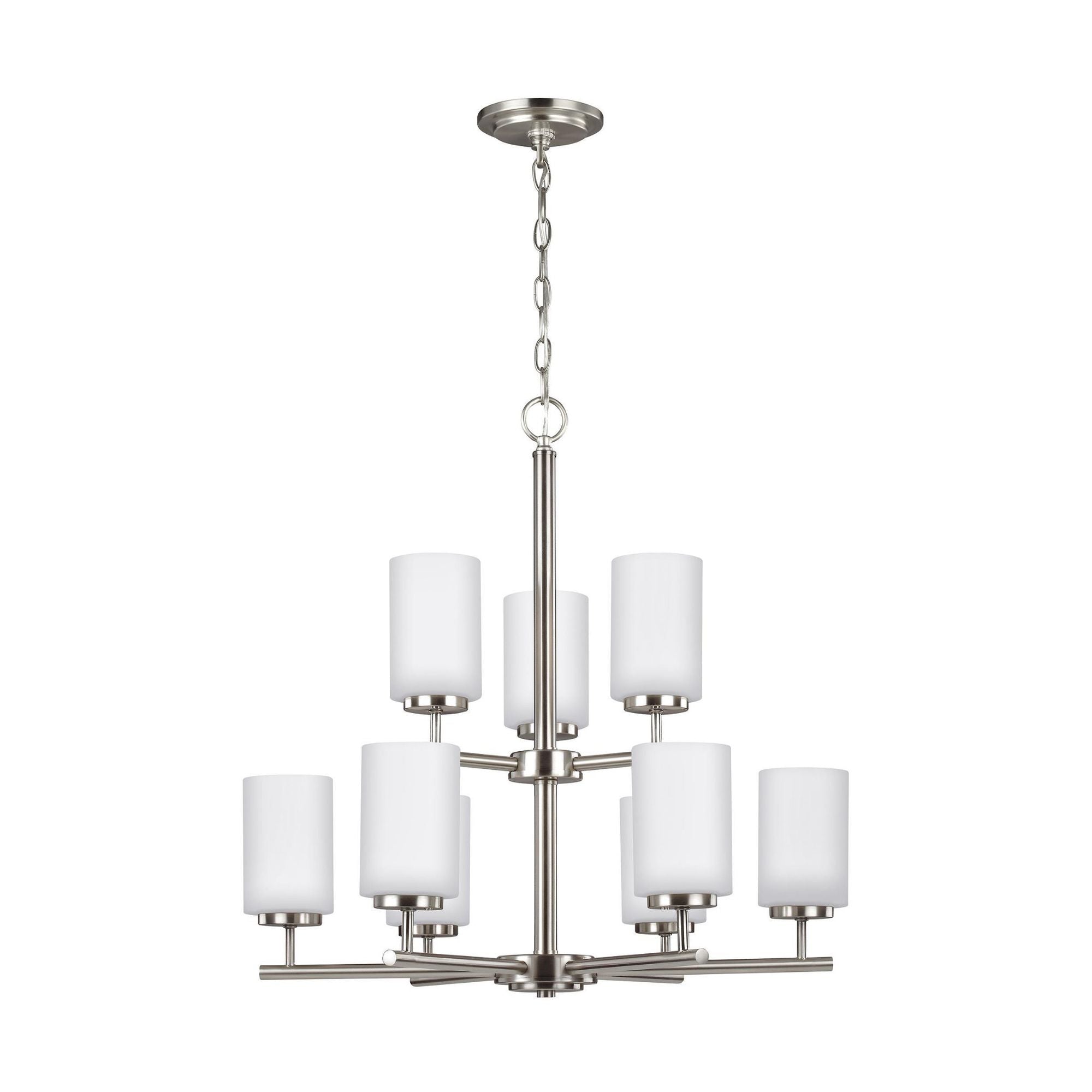 Oslo Nine Light Chandelier LED Contemporary 26.75" Height Steel Round Cased Opal Etched Shade in Brushed Nickel