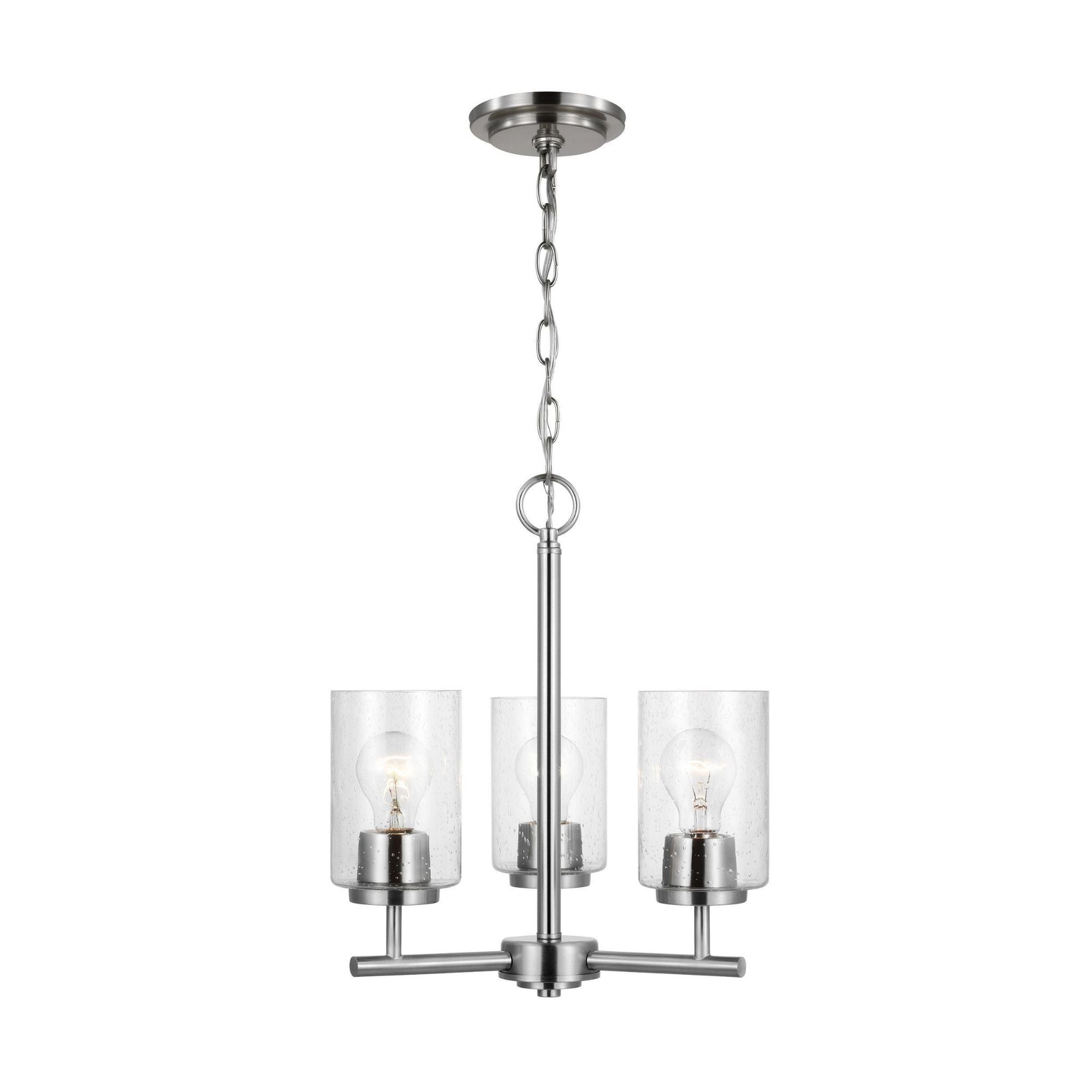 Oslo Three Light Chandelier Contemporary 16.5" Height Steel Round Clear Seeded Shade in Brushed Nickel