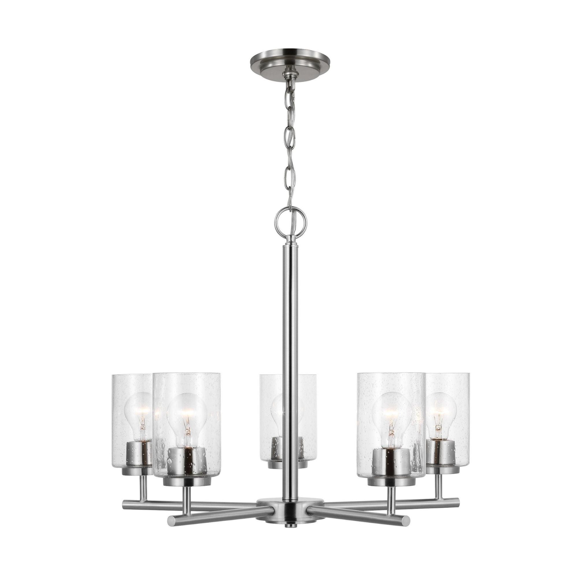 Oslo Five Light Chandelier Contemporary 20" Height Steel Round Clear Seeded Shade in Brushed Nickel