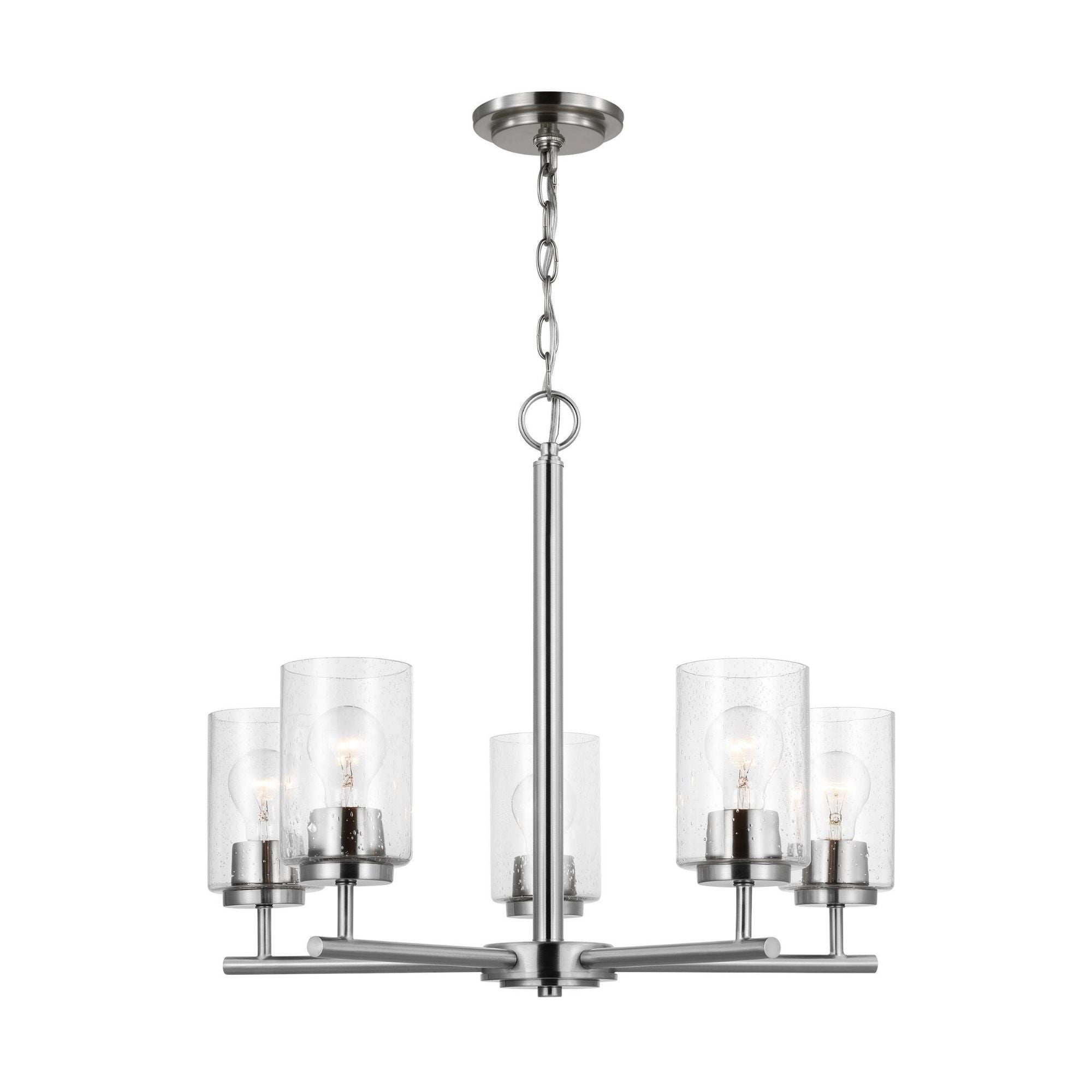 Oslo Five Light Chandelier Contemporary 20" Height Steel Round Clear Seeded Shade in Brushed Nickel