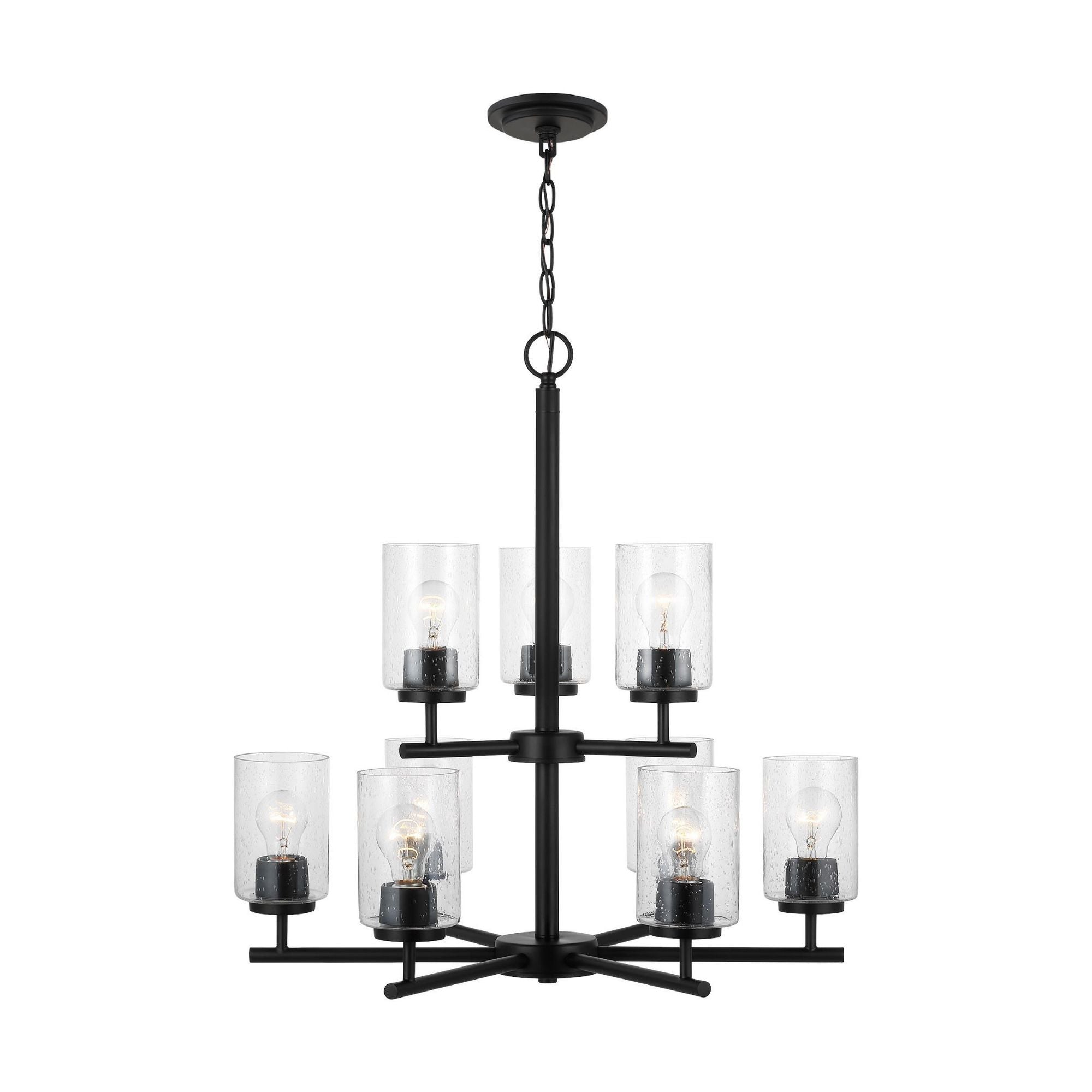 Oslo Nine Light Chandelier Contemporary 26.75" Height Steel Round Clear Seeded Shade in Midnight Black