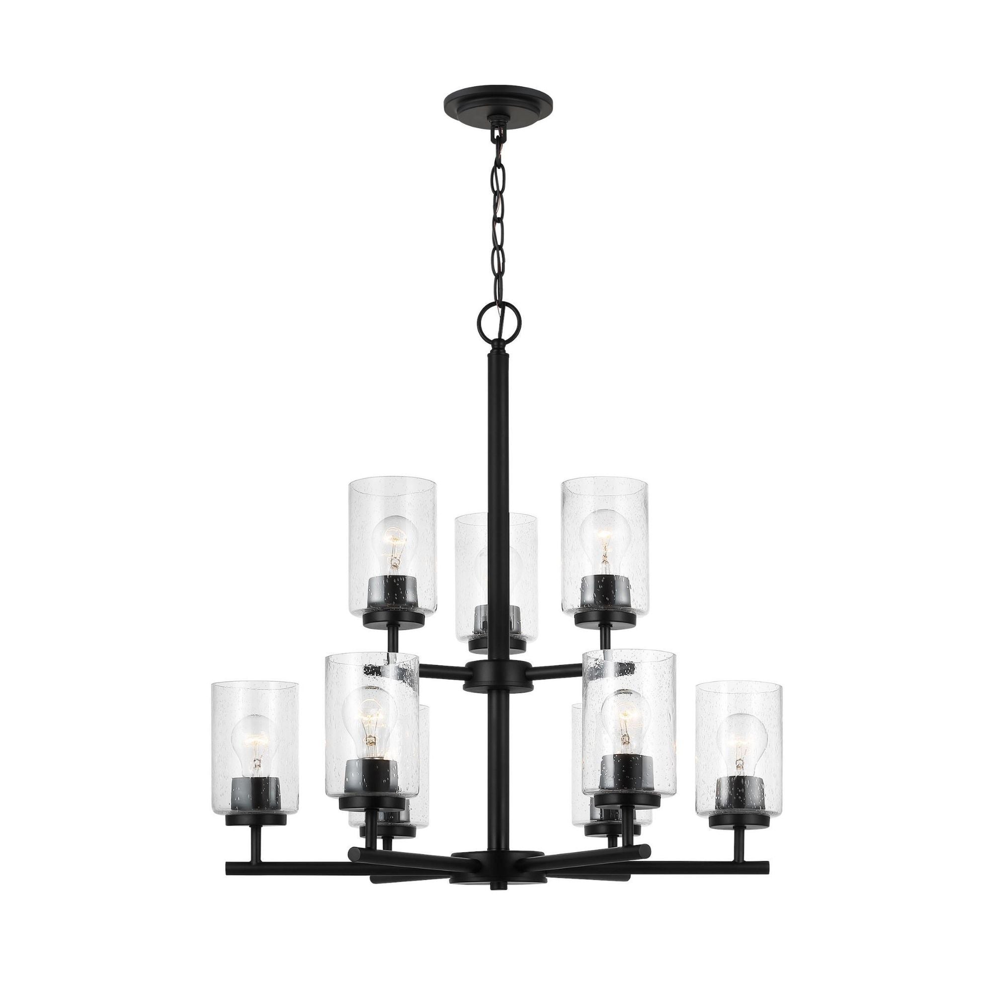 Oslo Nine Light Chandelier Contemporary 26.75" Height Steel Round Clear Seeded Shade in Midnight Black