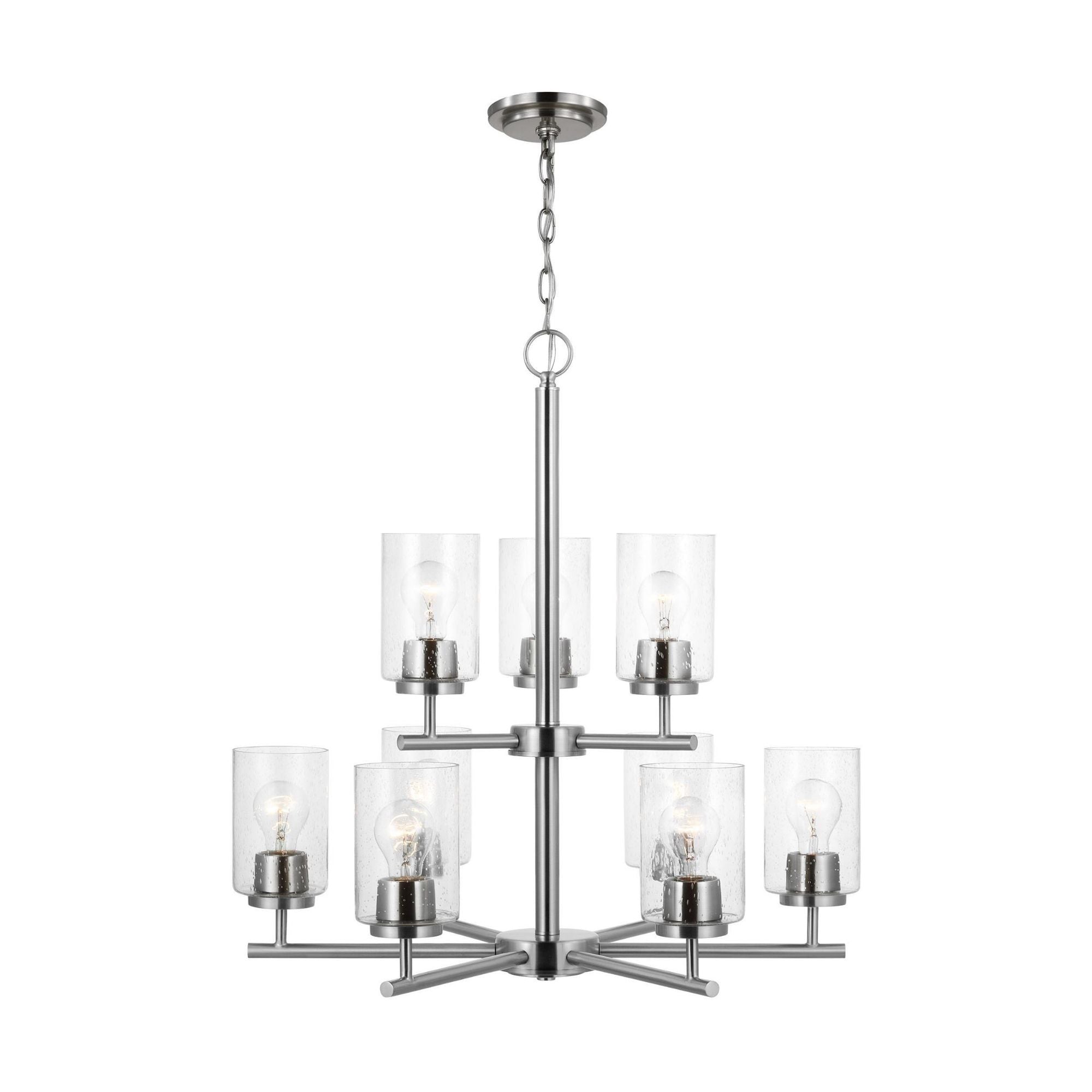 Oslo Nine Light Chandelier Contemporary 26.75" Height Steel Round Clear Seeded Shade in Brushed Nickel
