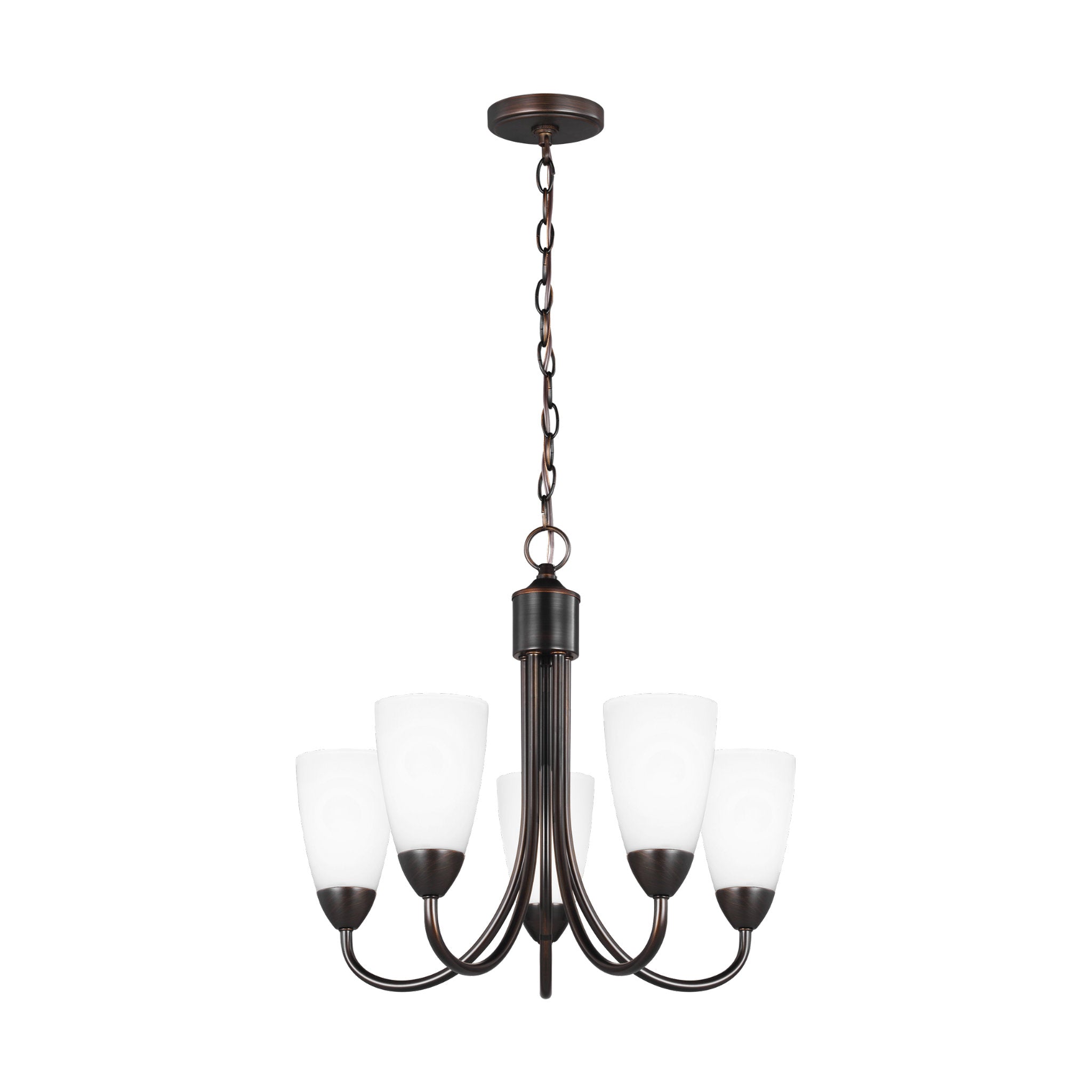 Seville Five Light Chandelier Transitional 17.5" Height Steel Round Etched / White Inside Shade in Bronze