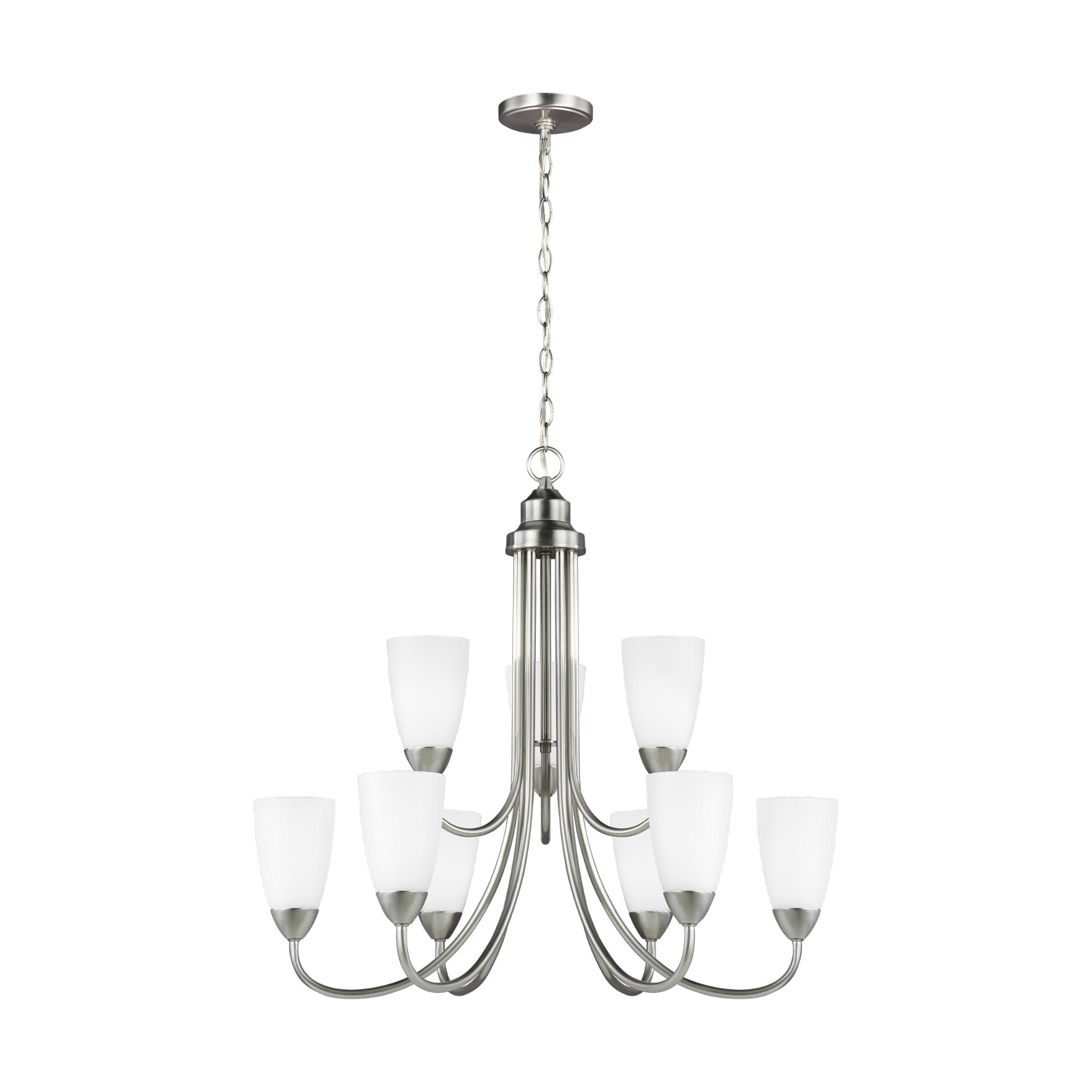 Seville Nine Light Chandelier Transitional 27.125" Height Steel Round Etched / White Inside Shade in Brushed Nickel