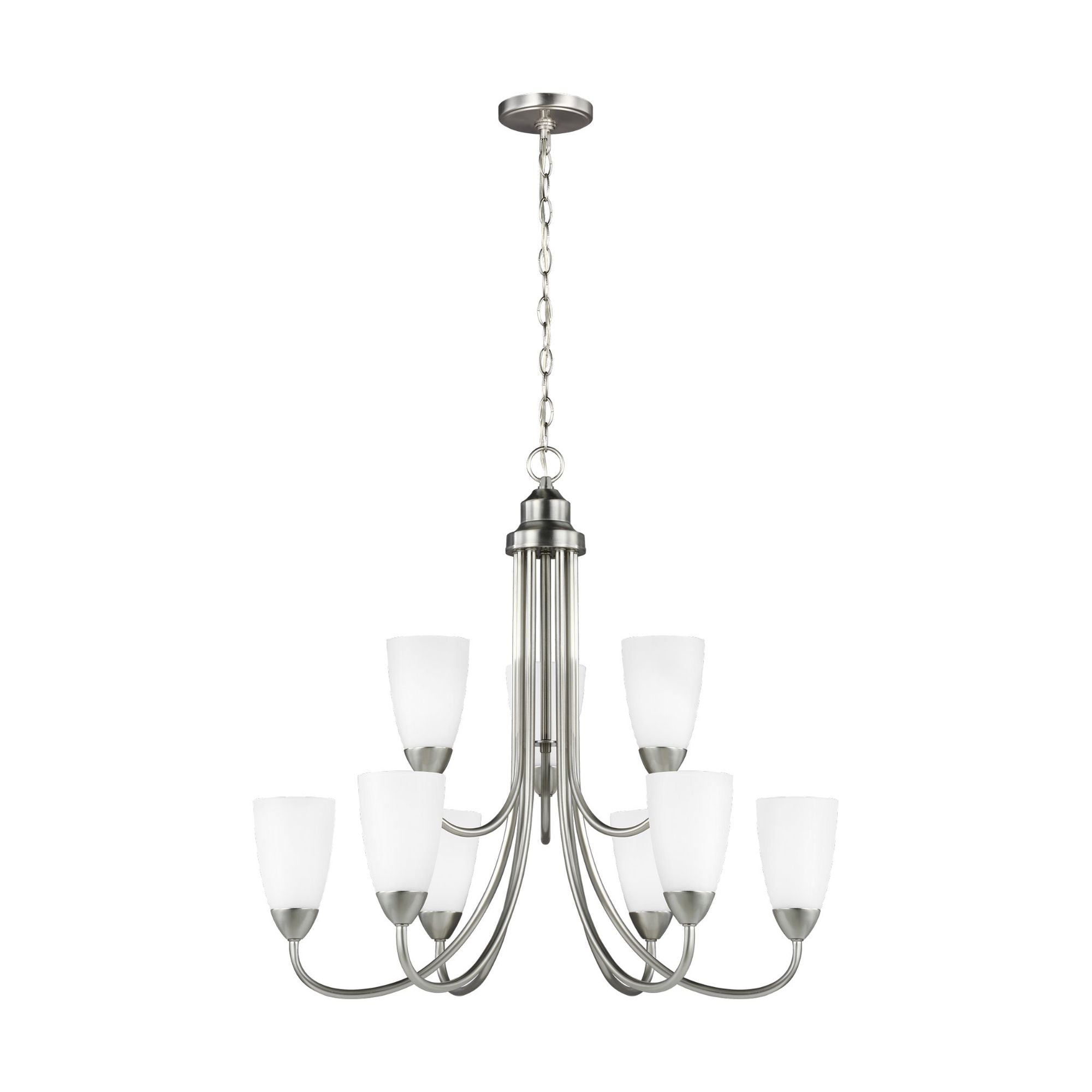 Seville Nine Light Chandelier LED Transitional 27.125" Height Steel Round Etched / White Inside Shade in Brushed Nickel
